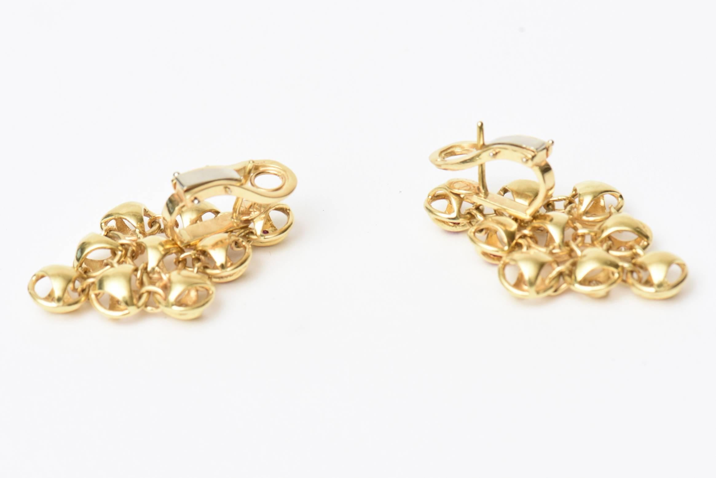 Women's 18 Karat Gold, Ruby and Diamond Chandelier Lever Back Pierced Earrings, French For Sale