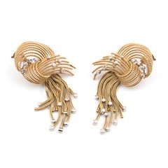 Pair of French 18k Yellow Gold and Diamond Knot Pendant Earrings