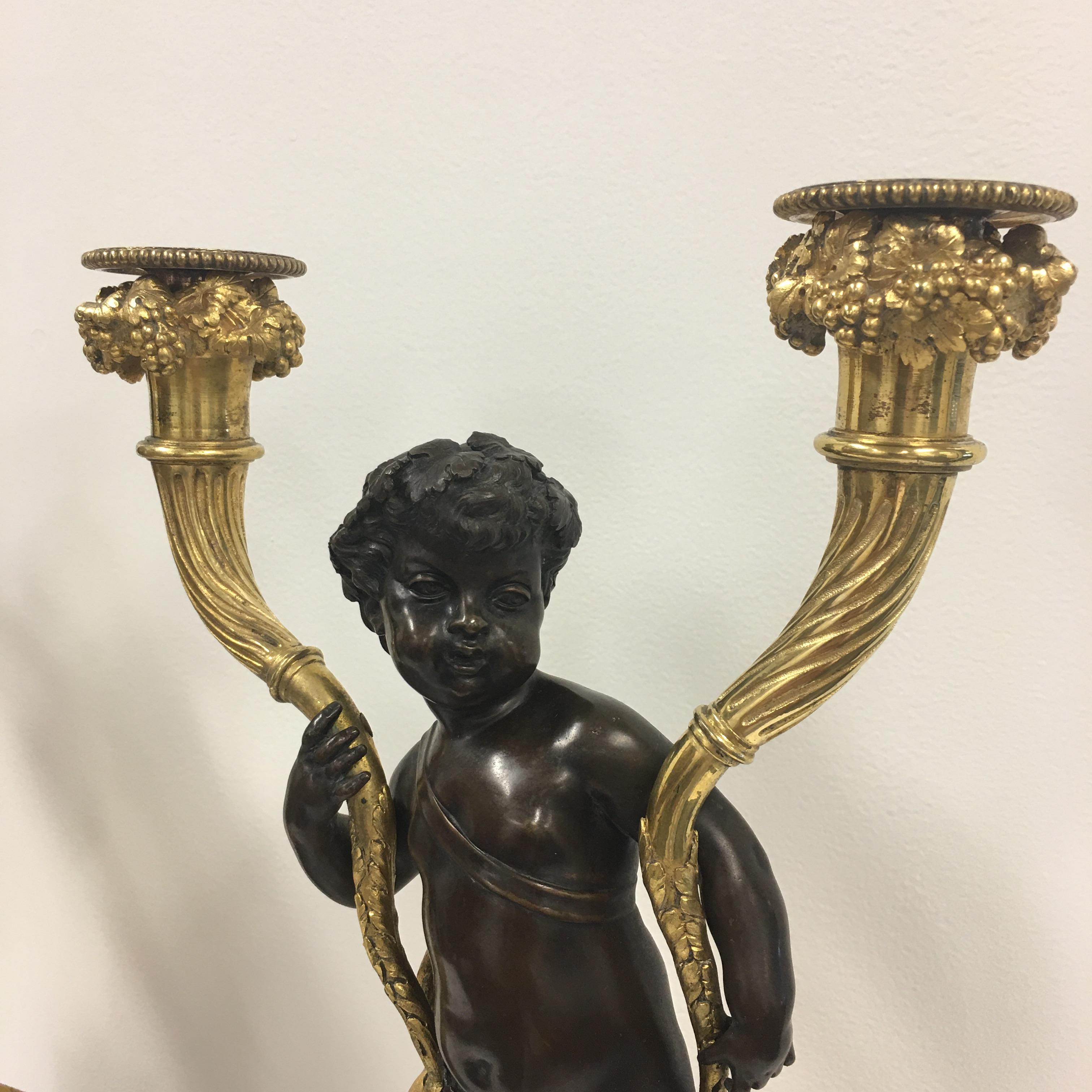 Rococo Pair of French 18th c. Louis XV mercury gilt and patinated bronze candelabras