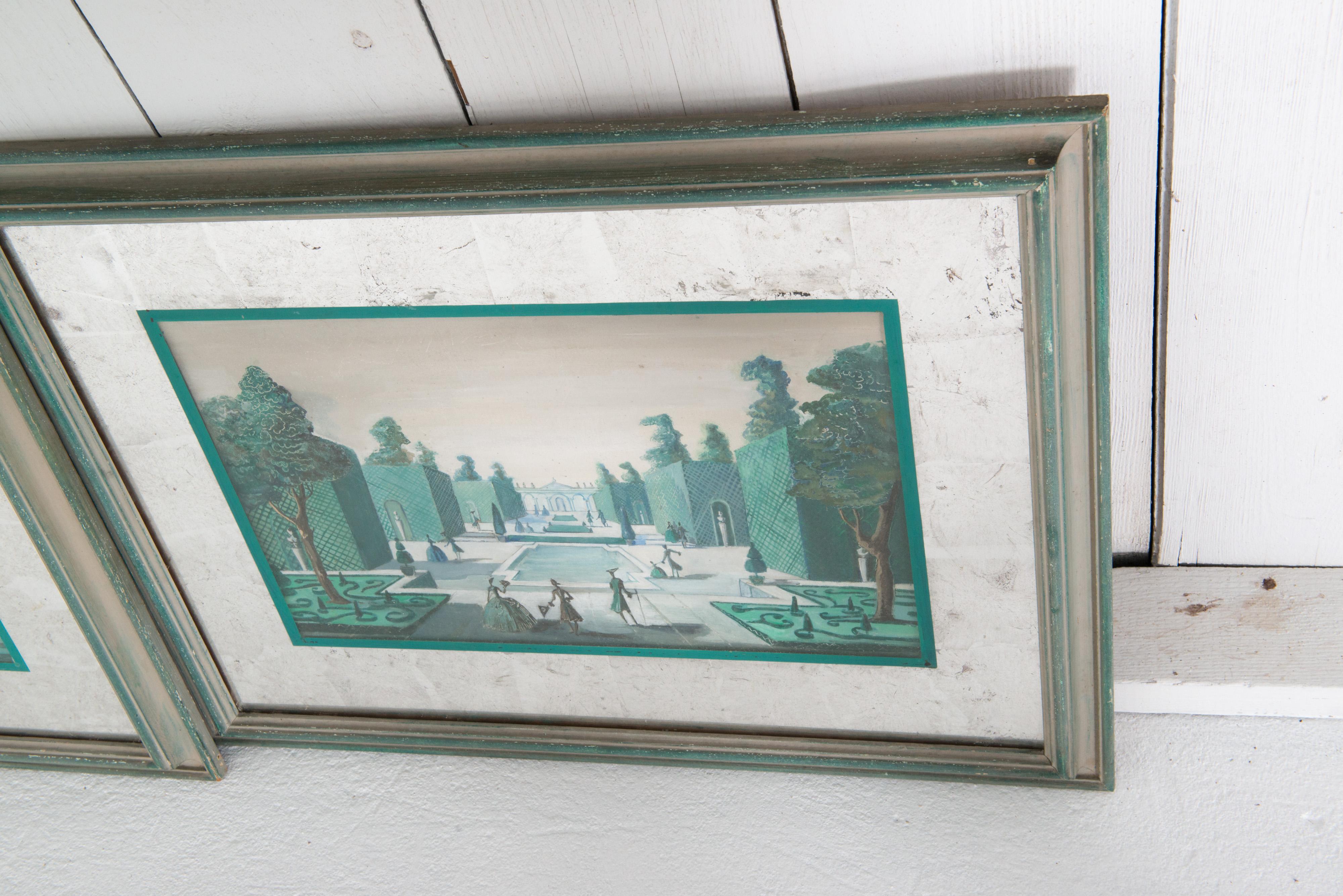 Pair of French 18th C. Style Formal Garden Scene Paintings For Sale 4