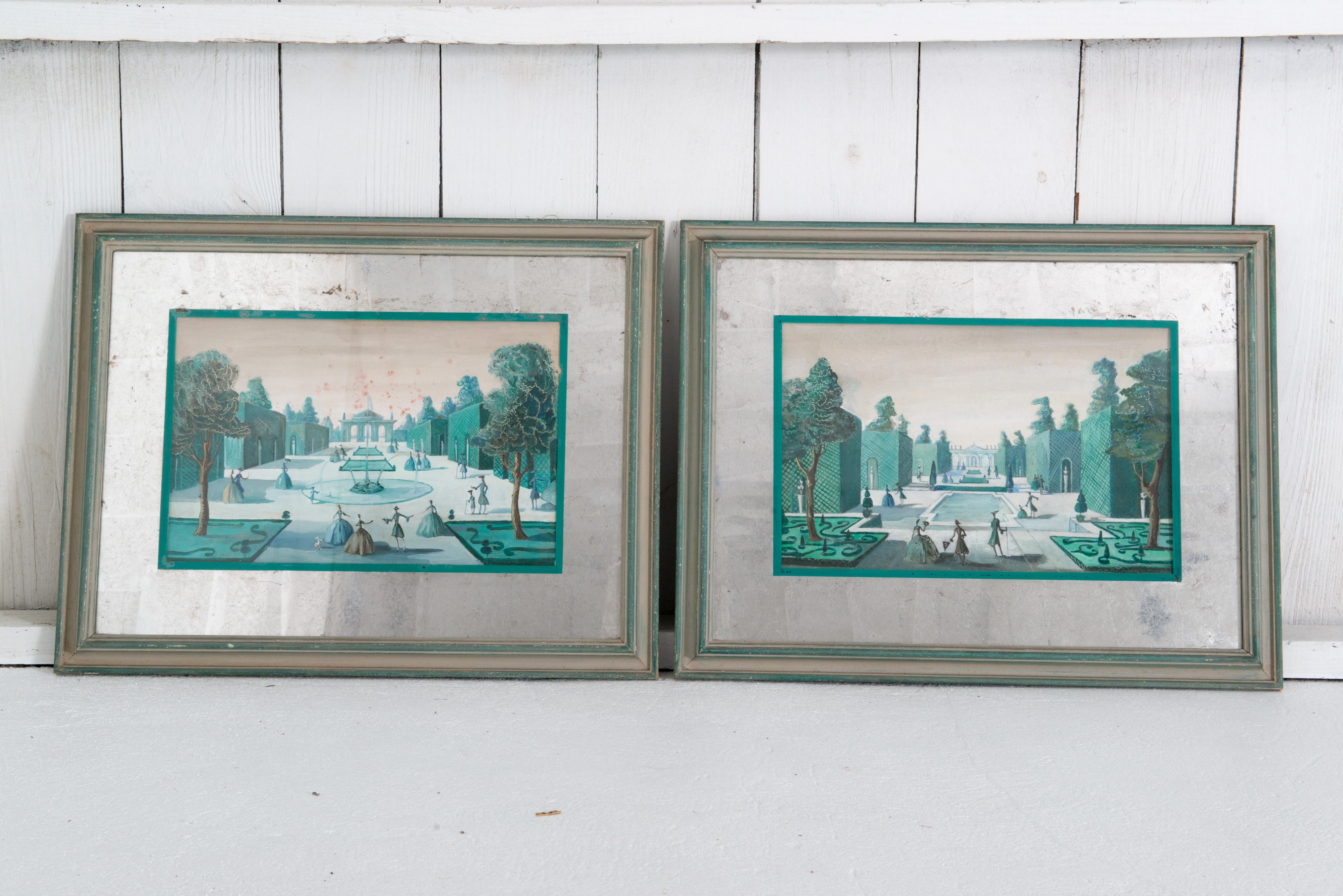 A beautiful pair of framed French Versailles- like garden landscapes. Wood frames are painted to coordinate with the paintings. The paintings are matted in silver leaf and the matching deep green color.