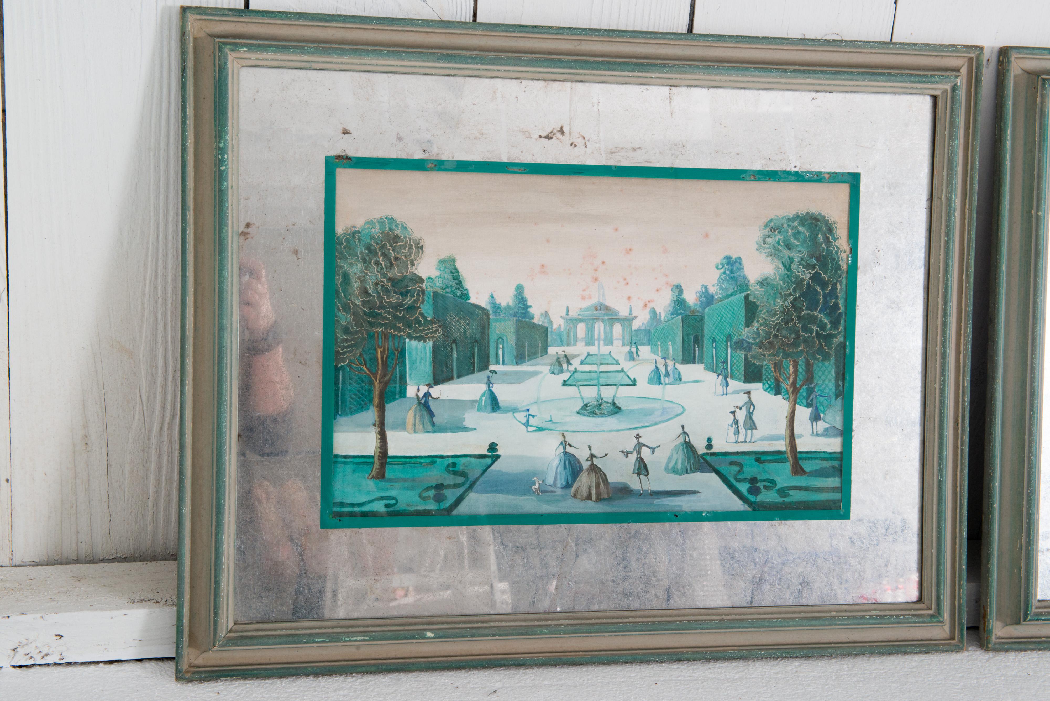 Louis XVI Pair of French 18th C. Style Formal Garden Scene Paintings For Sale
