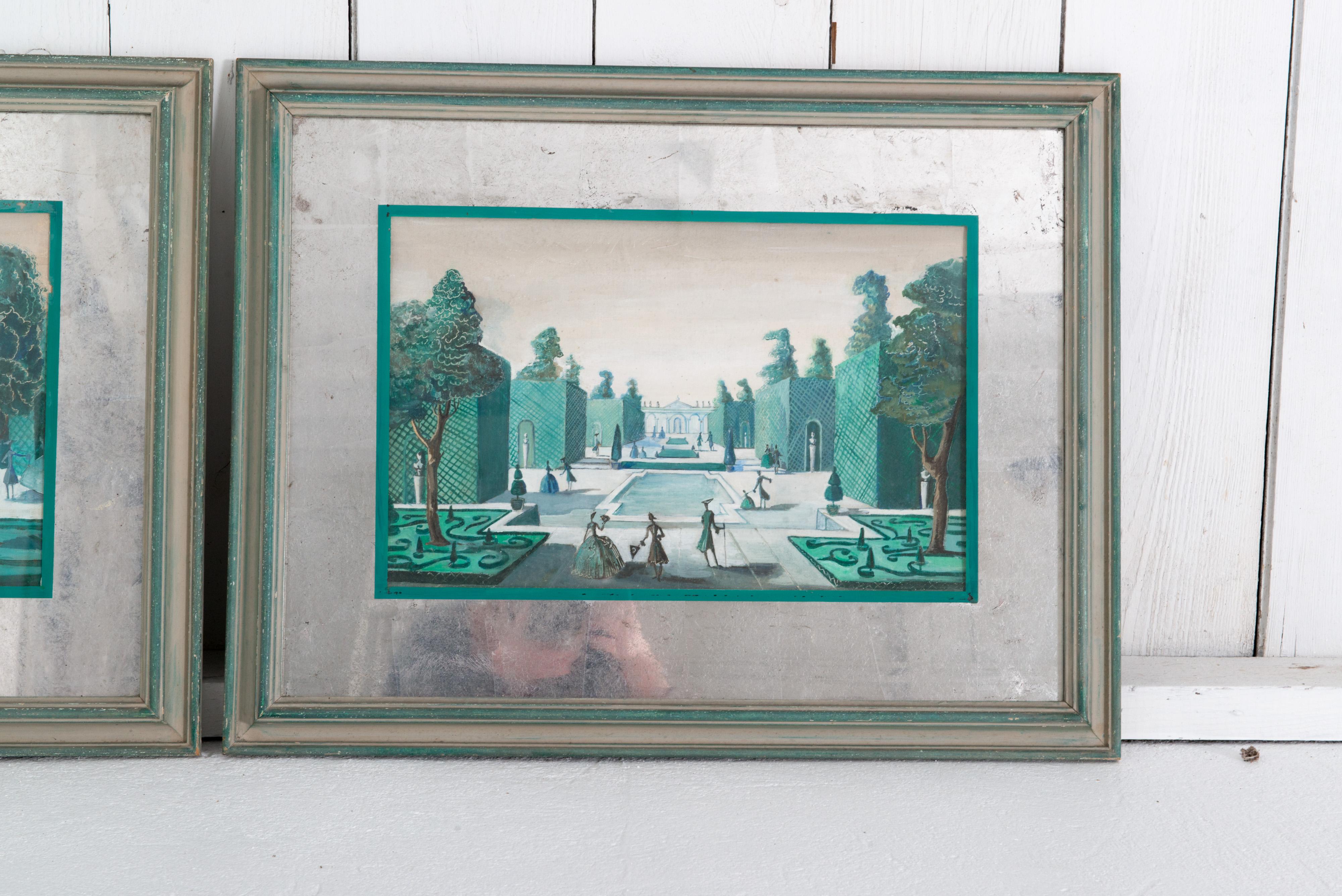 Mid-20th Century Pair of French 18th C. Style Formal Garden Scene Paintings For Sale