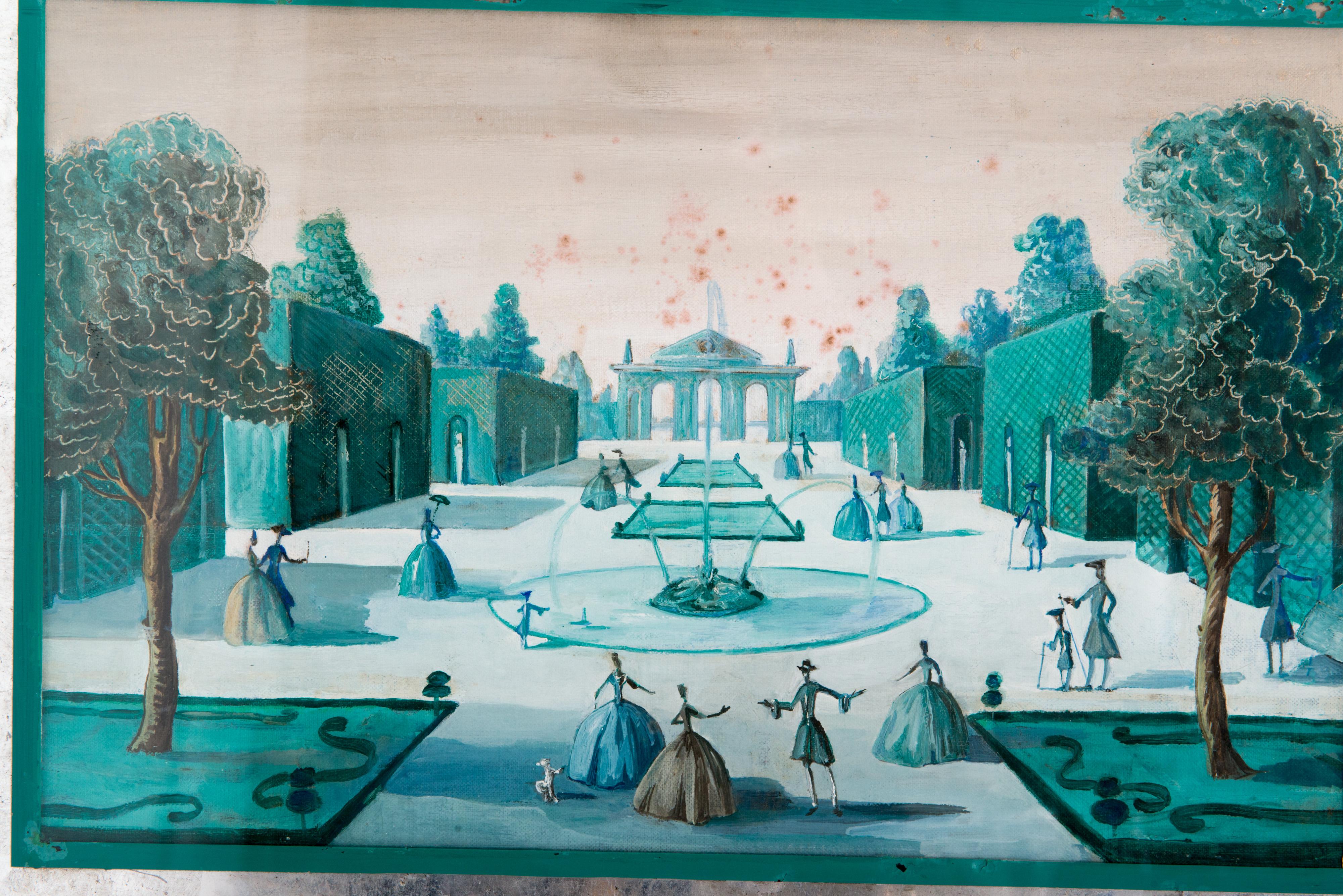 Milieu du XXe siècle Paire de peintures de scènes de jardin formelles du 18e siècle français en vente