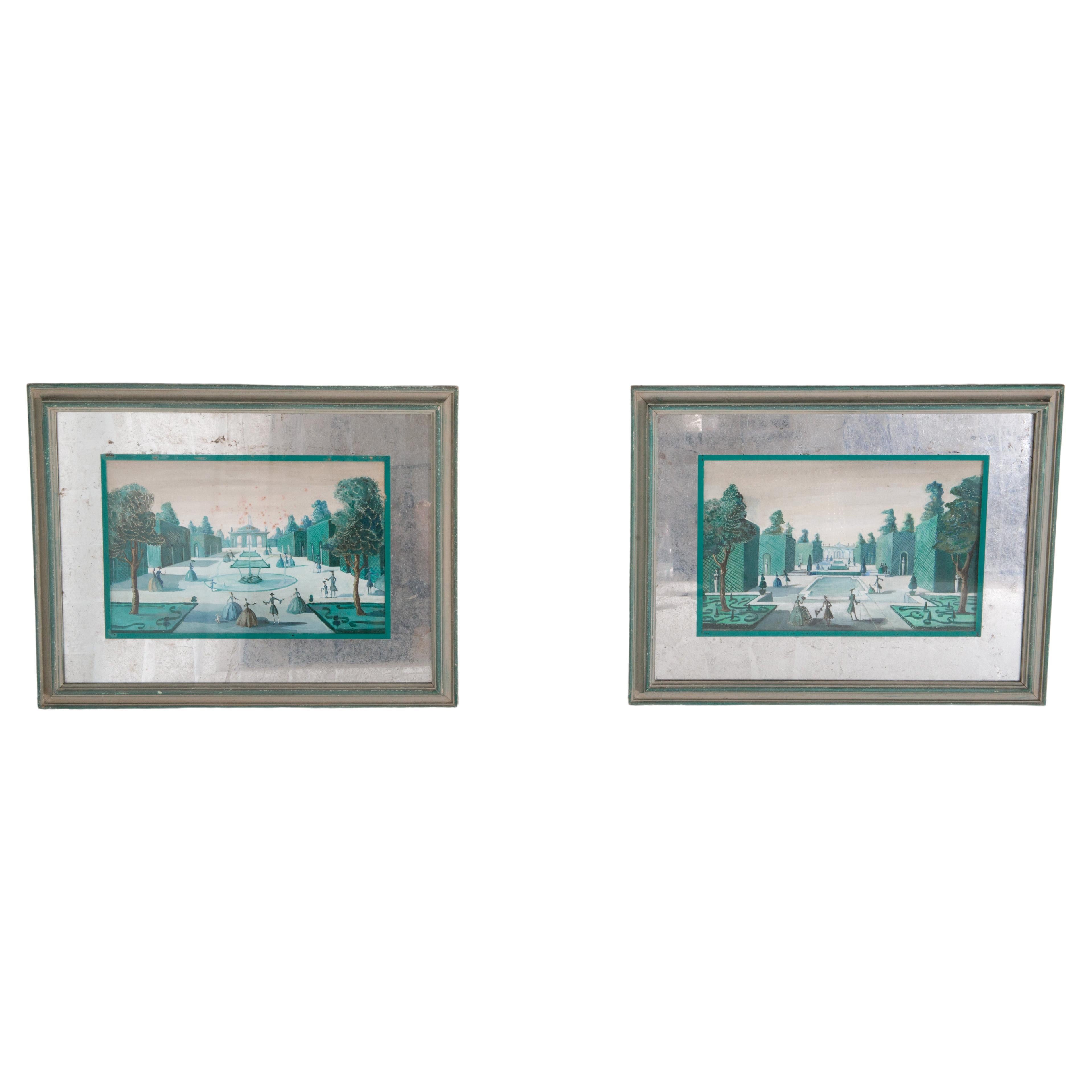 Pair of French 18th C. Style Formal Garden Scene Paintings For Sale