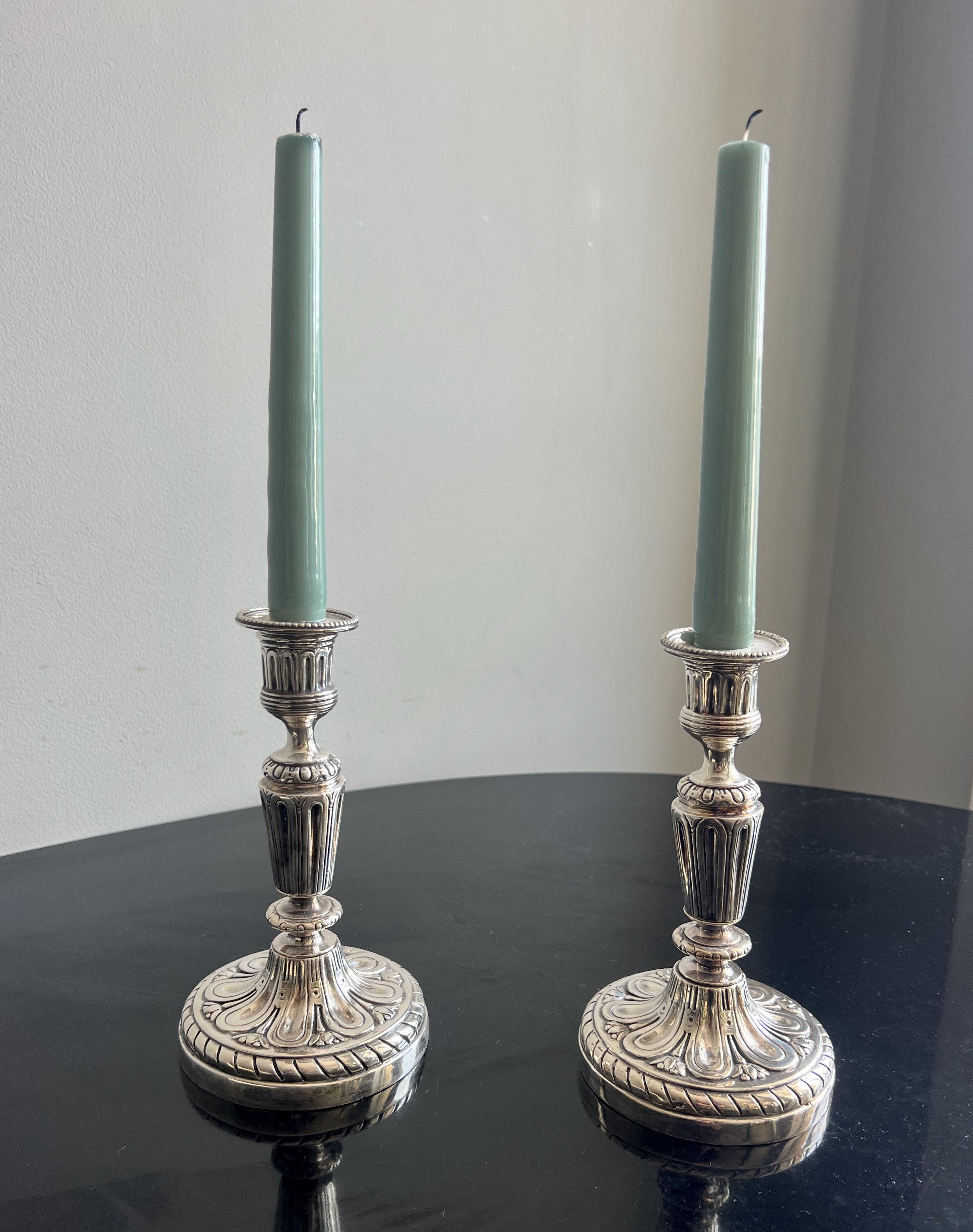 Silvered Pair of antique silver-plated Louis XVI candlesticks. 18th century