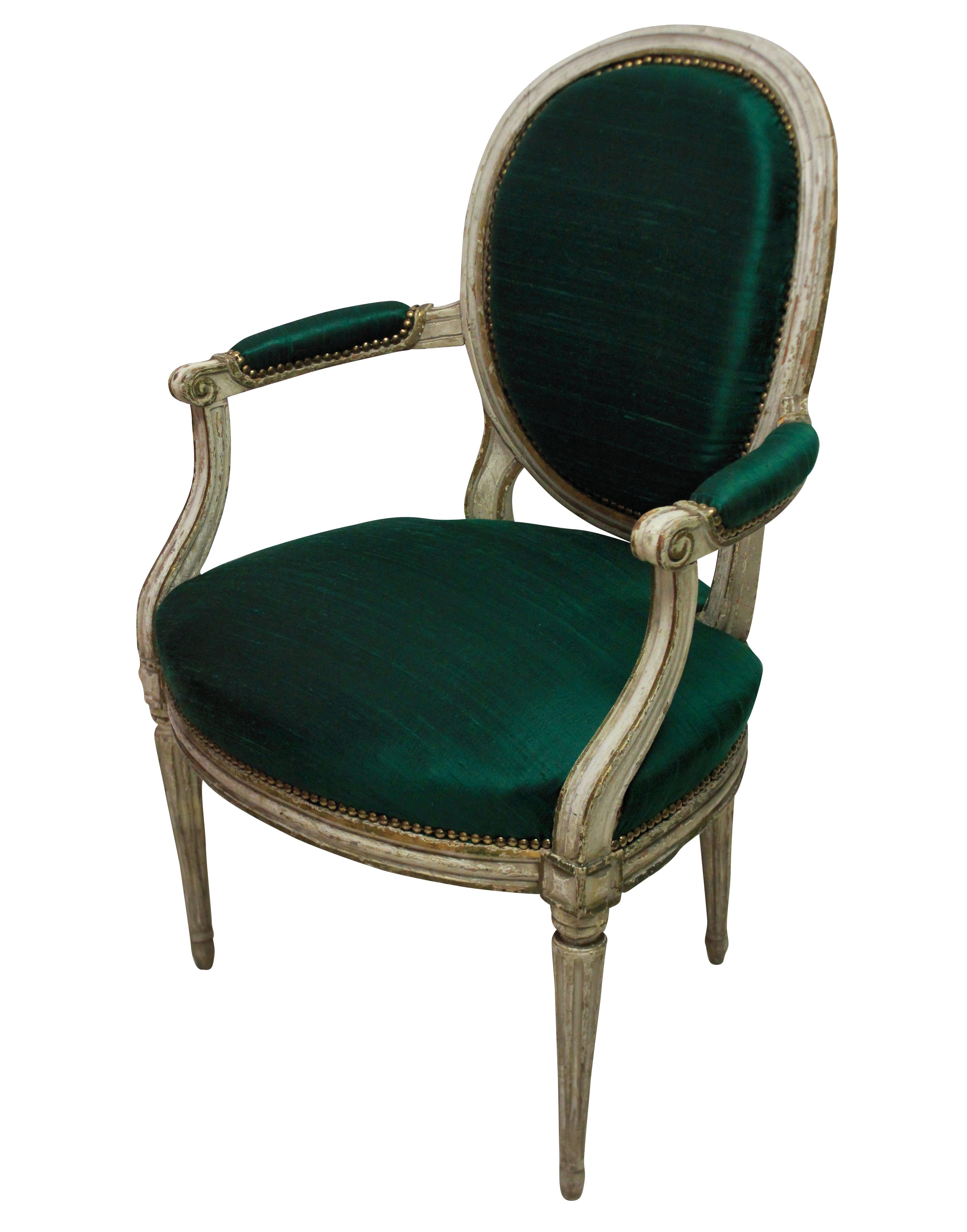 Pair of French 18th Century Armchairs in Emerald Silk In Good Condition In London, GB