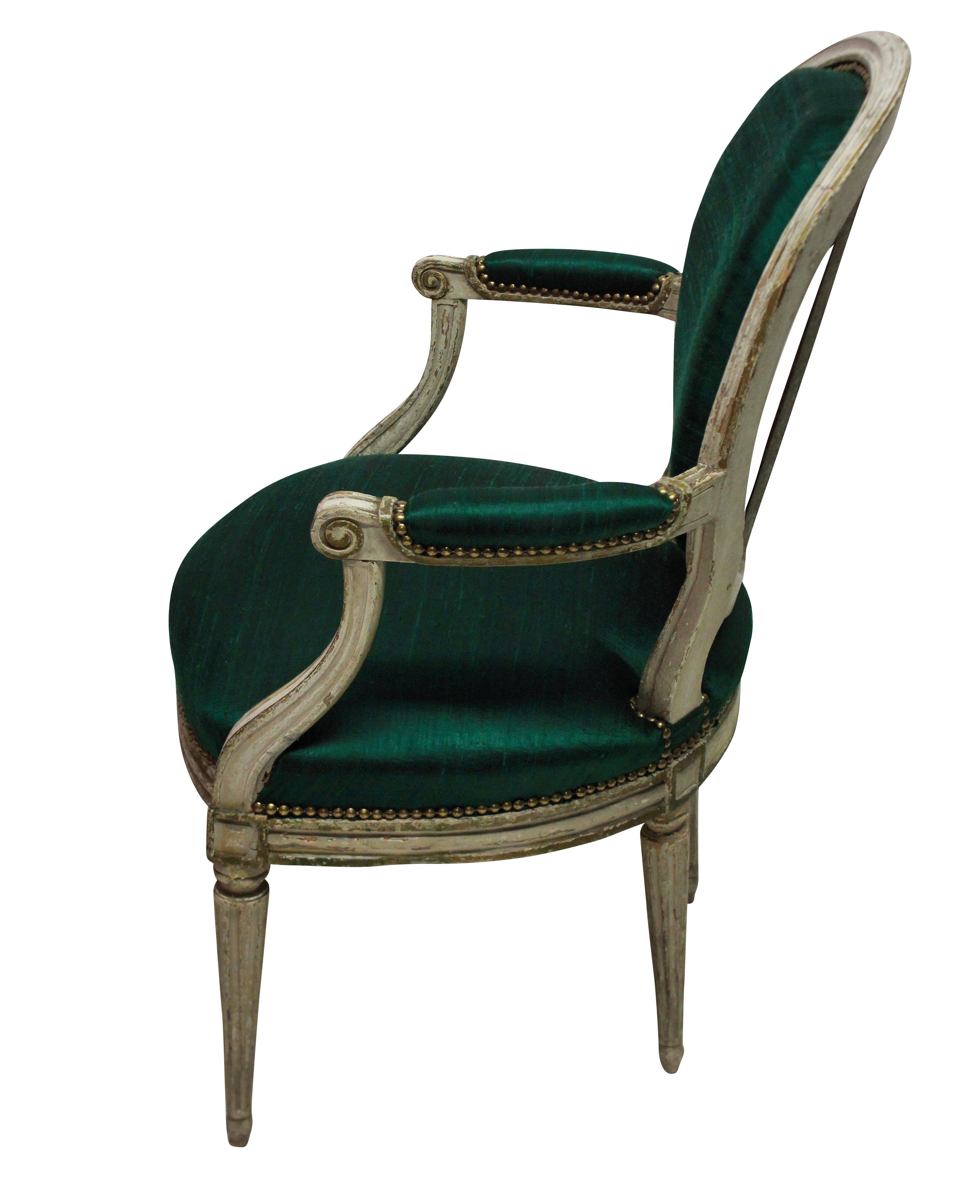 Late 18th Century Pair of French 18th Century Armchairs in Emerald Silk