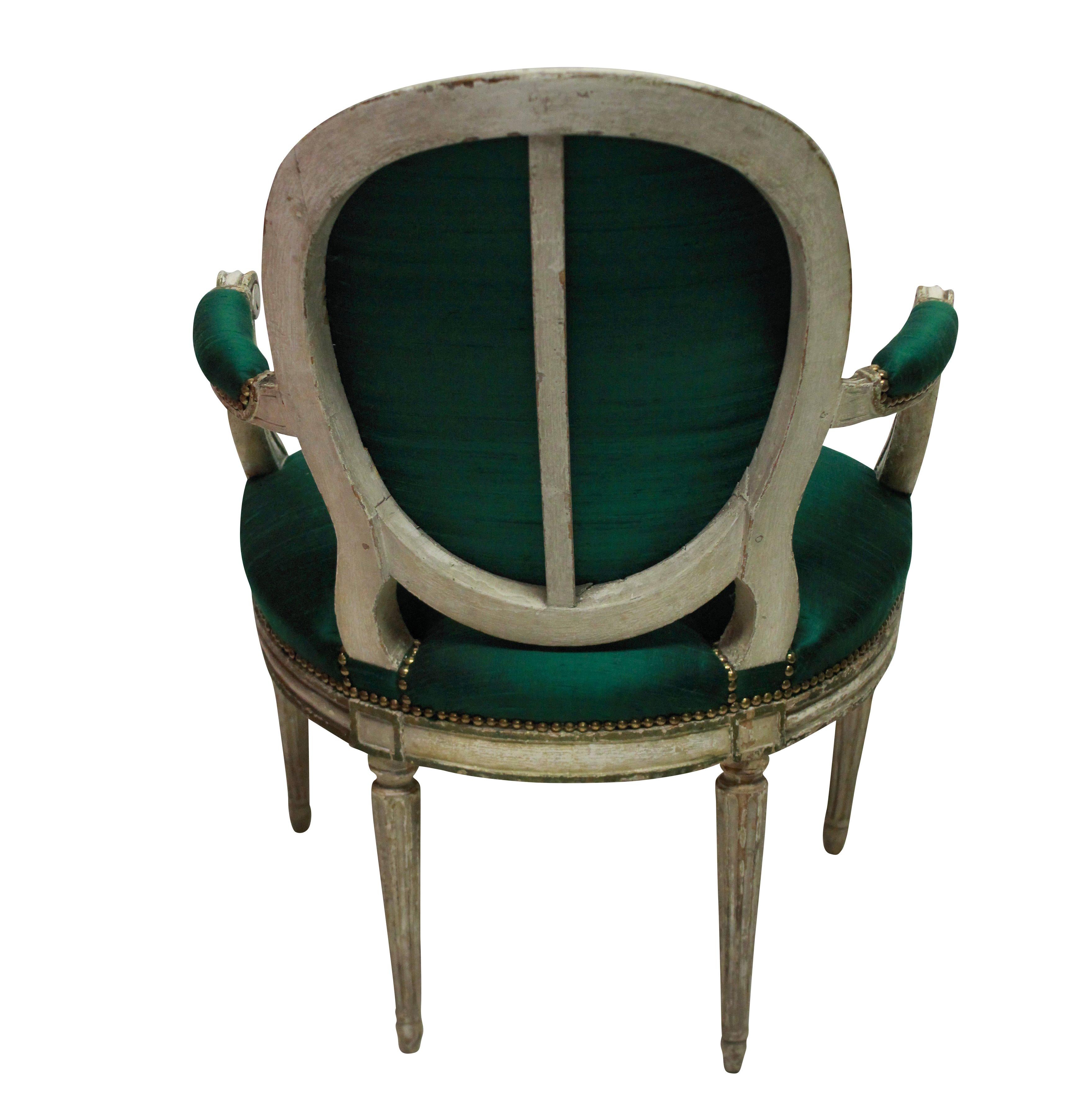 Beech Pair of French 18th Century Armchairs in Emerald Silk