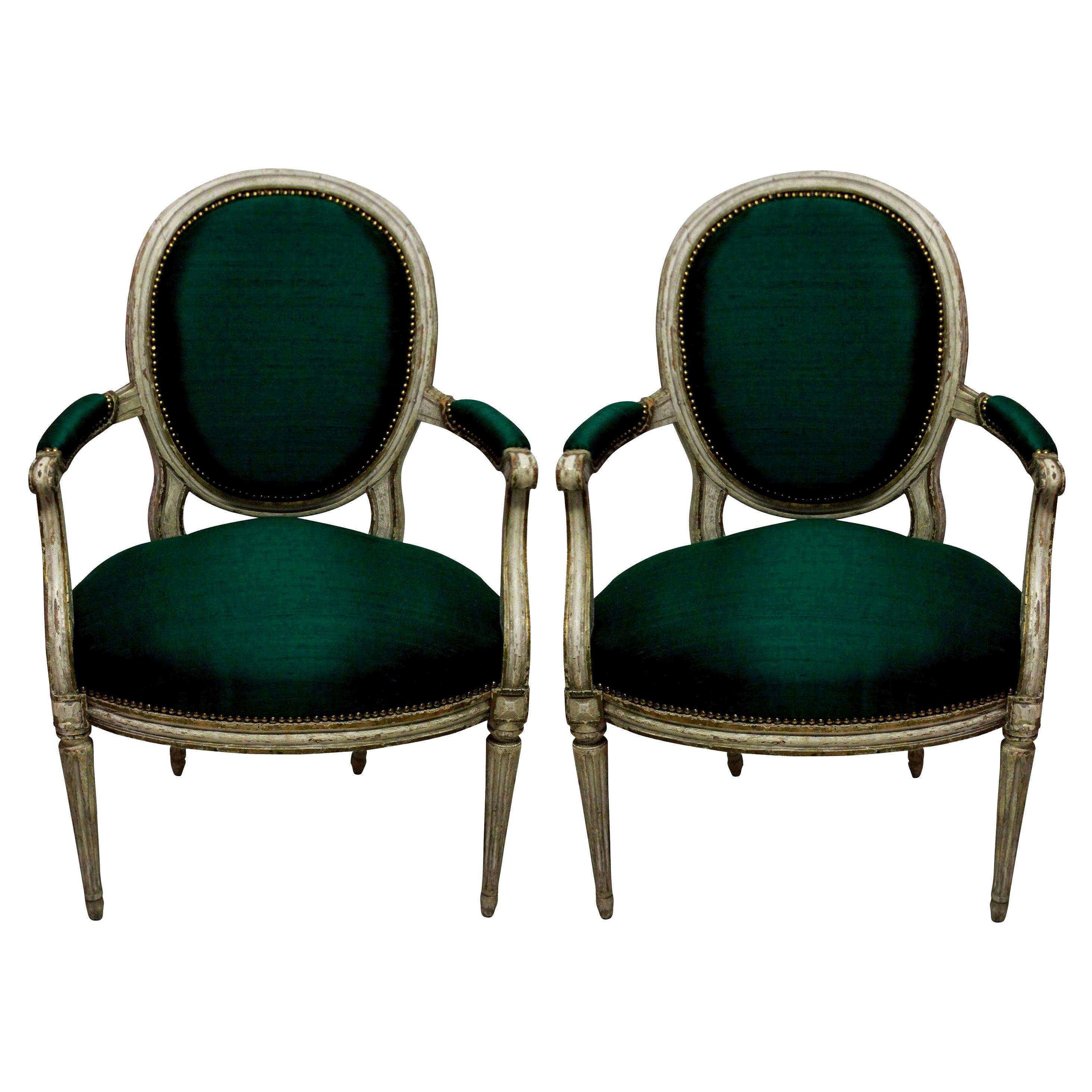 Pair of French 18th Century Armchairs in Emerald Silk