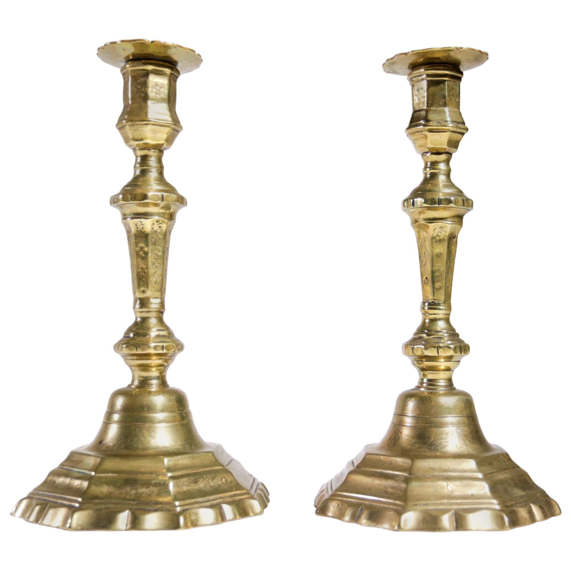 Pair of French 18th Century Brass Candlesticks Rare Decoration Free Shipping