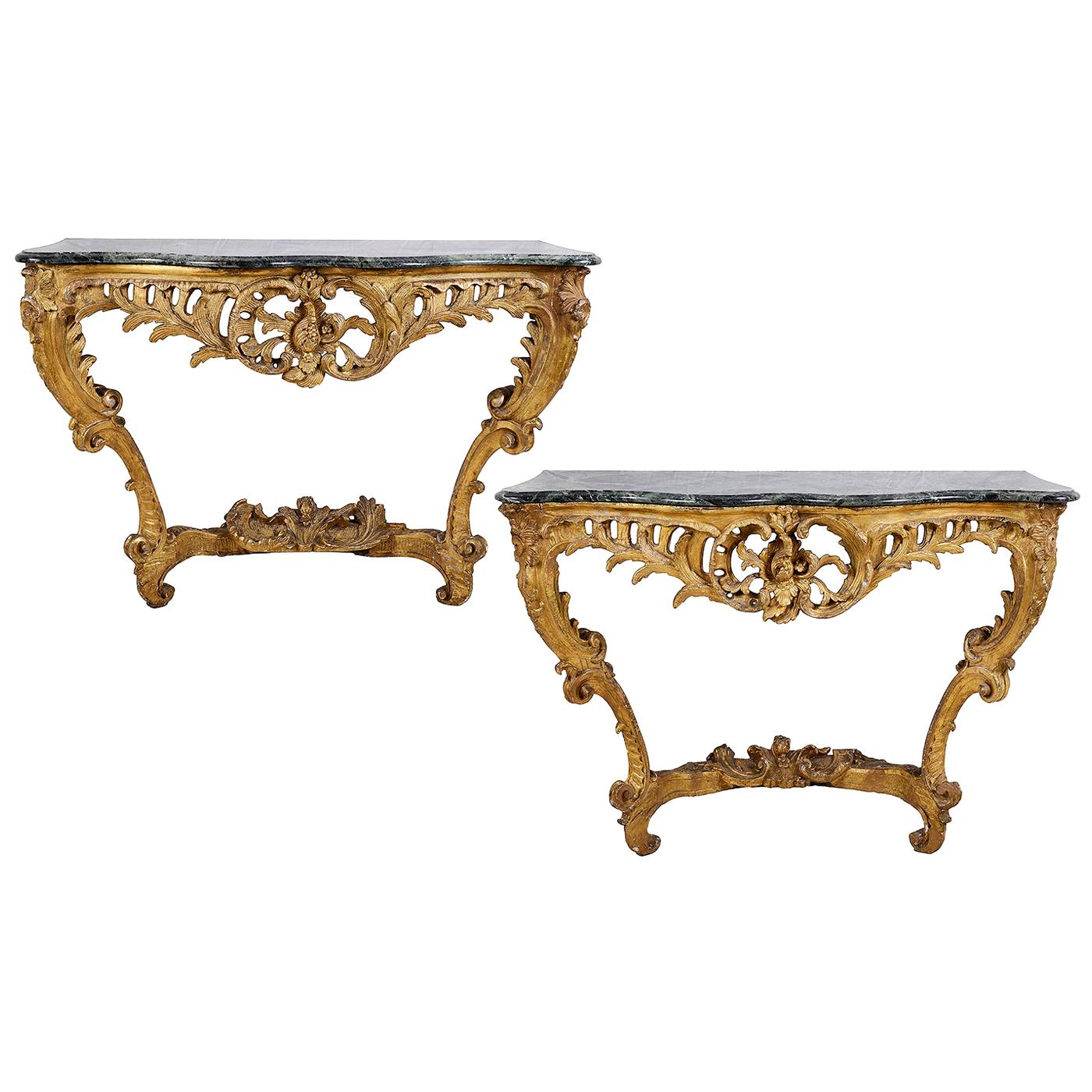 Pair of French 18th Century Carved Rococco Style Giltwood Console Tables