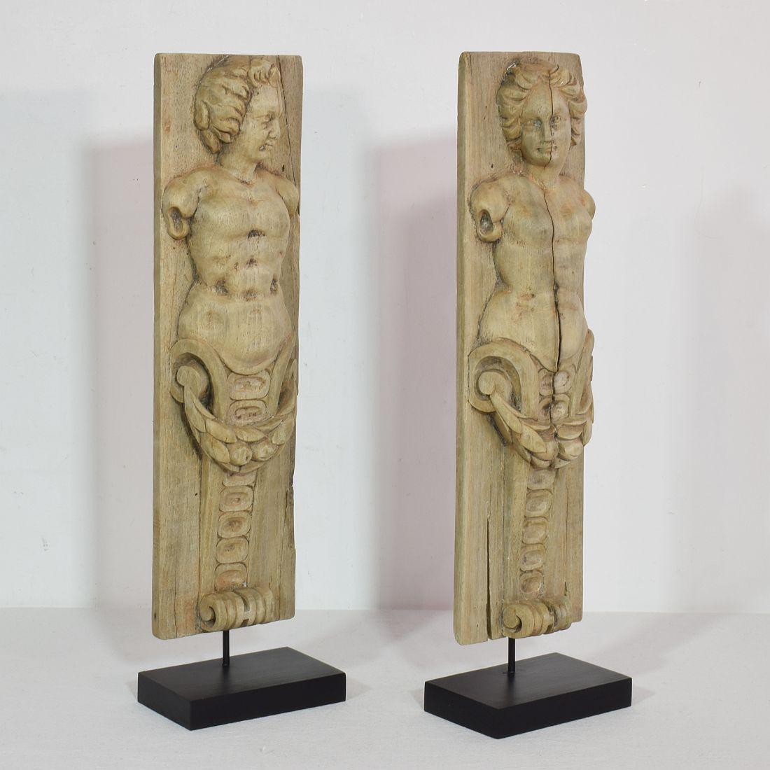 Hand-Carved Pair of French 18th Century Carved Wooden Baroque Panels with Caryatids