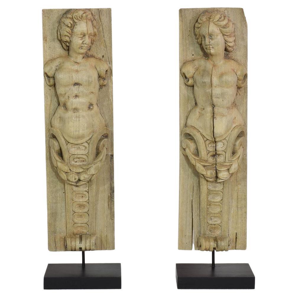 Pair of French 18th Century Carved Wooden Baroque Panels with Caryatids