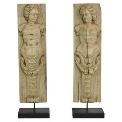 Pair of French 18th Century Carved Wooden Baroque Panels with Caryatids