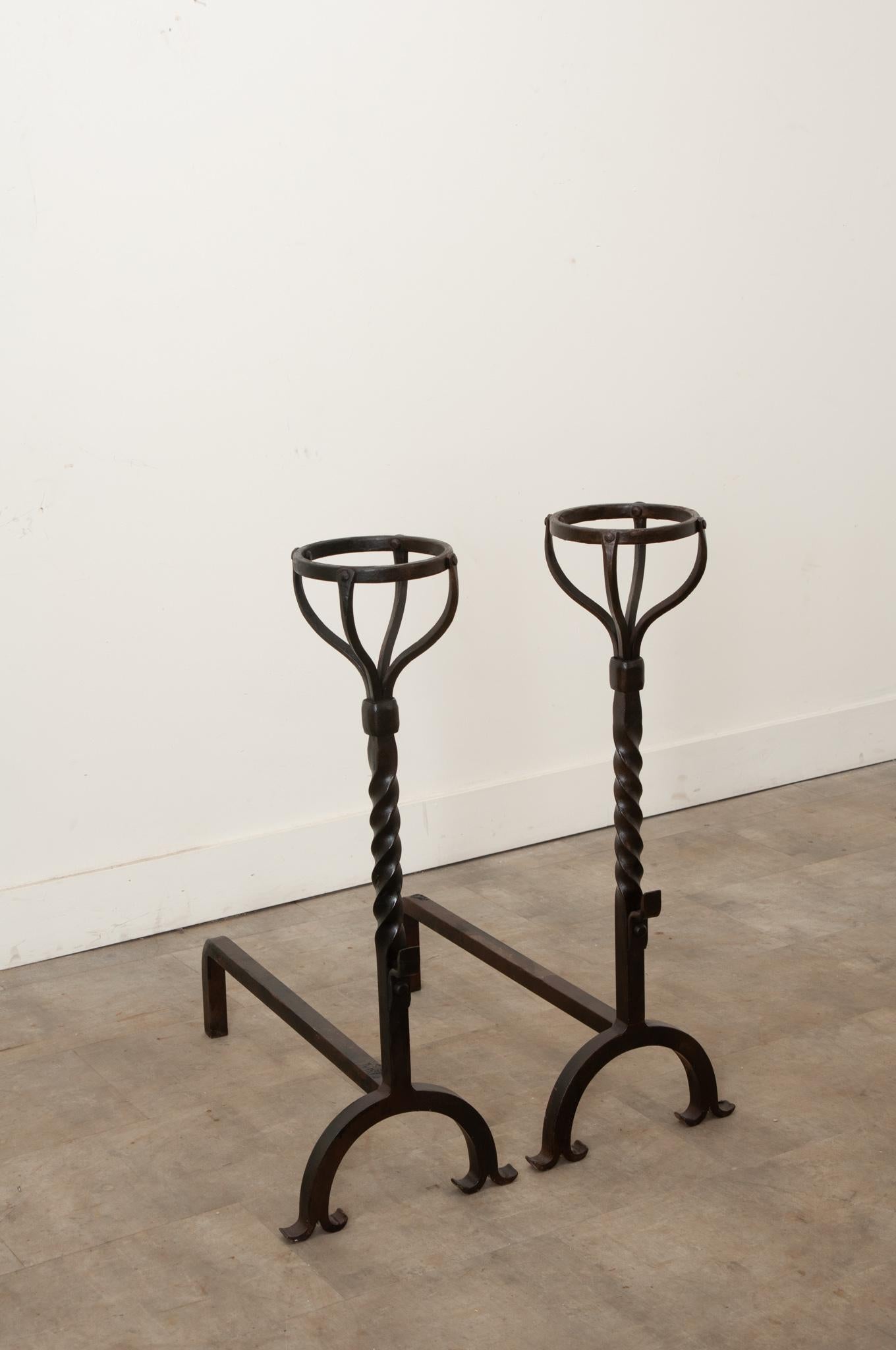 Pair of French 18th Century Forged Iron Andirons In Good Condition In Baton Rouge, LA