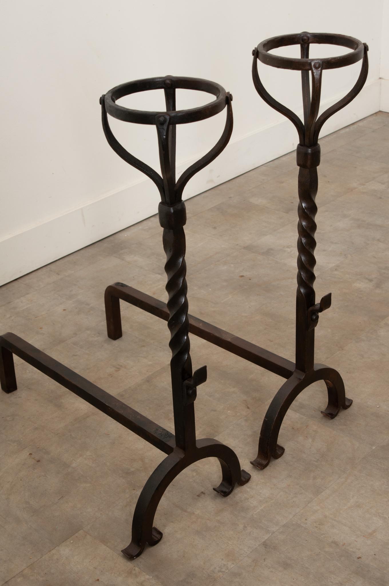 18th Century and Earlier Pair of French 18th Century Forged Iron Andirons