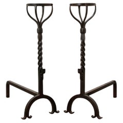 Antique Pair of French 18th Century Forged Iron Andirons