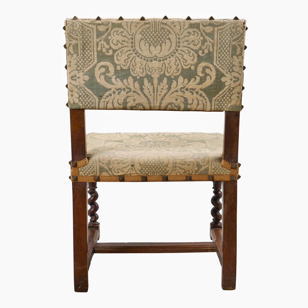 Modern Pair of French 18th Century Hall Chairs, Covered in Antique Damask For Sale