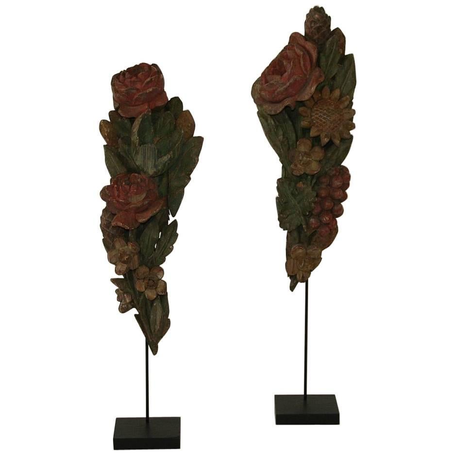 Pair of French 18th Century Hand-Carved Baroque Wooden Bouquet Ornaments