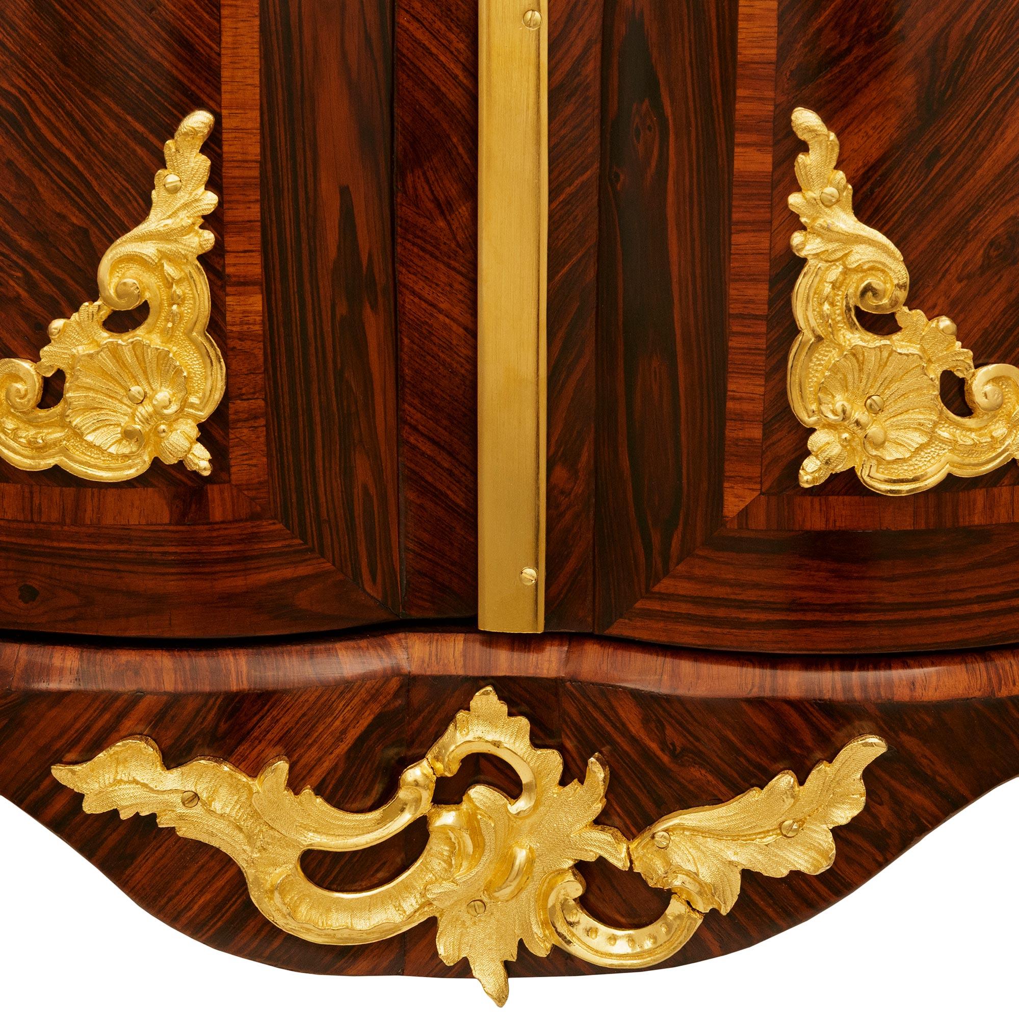 pair of French 18th century Kingwood, Ormolu and Rouge Marble corner cabinets For Sale 8