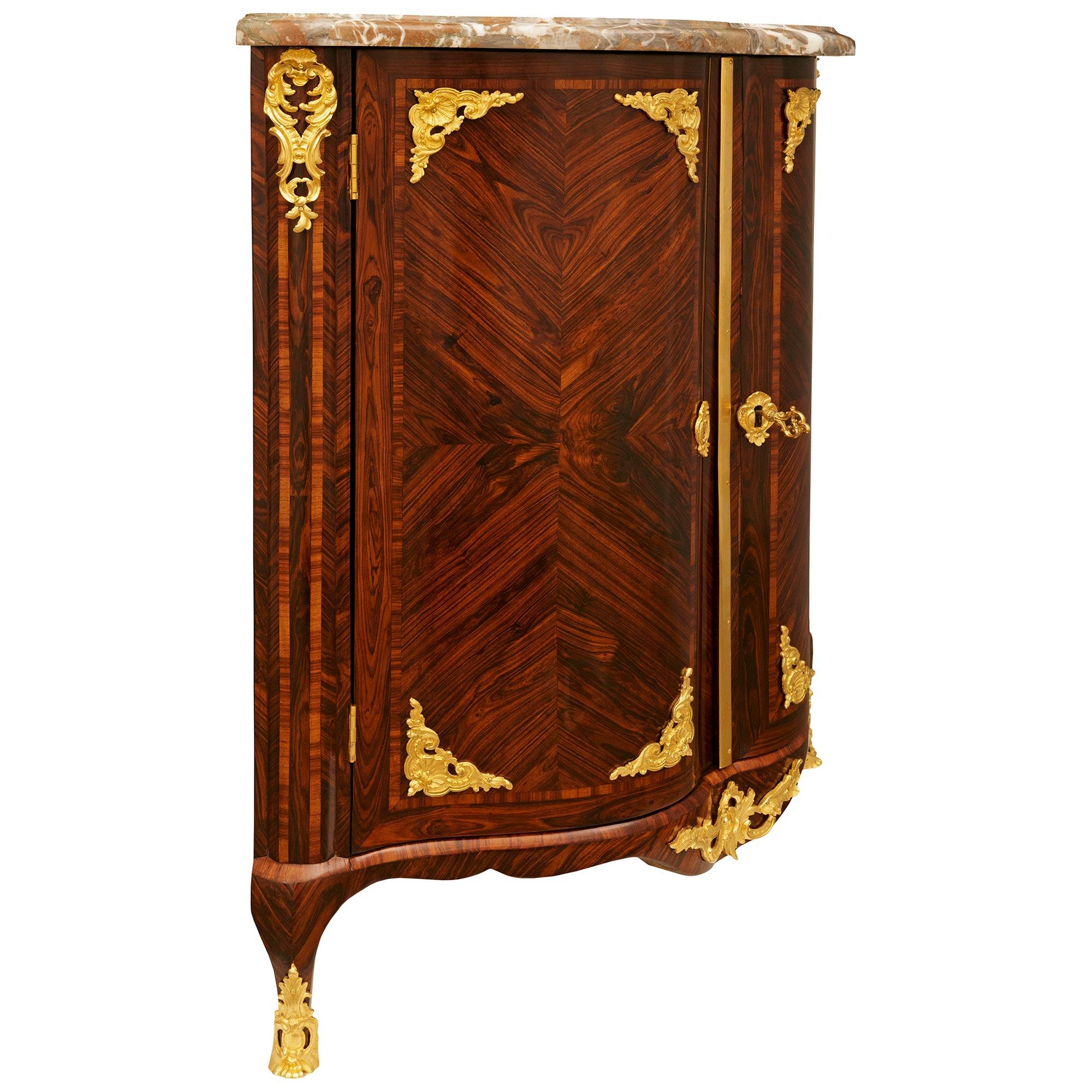 18th Century and Earlier pair of French 18th century Kingwood, Ormolu and Rouge Marble corner cabinets For Sale