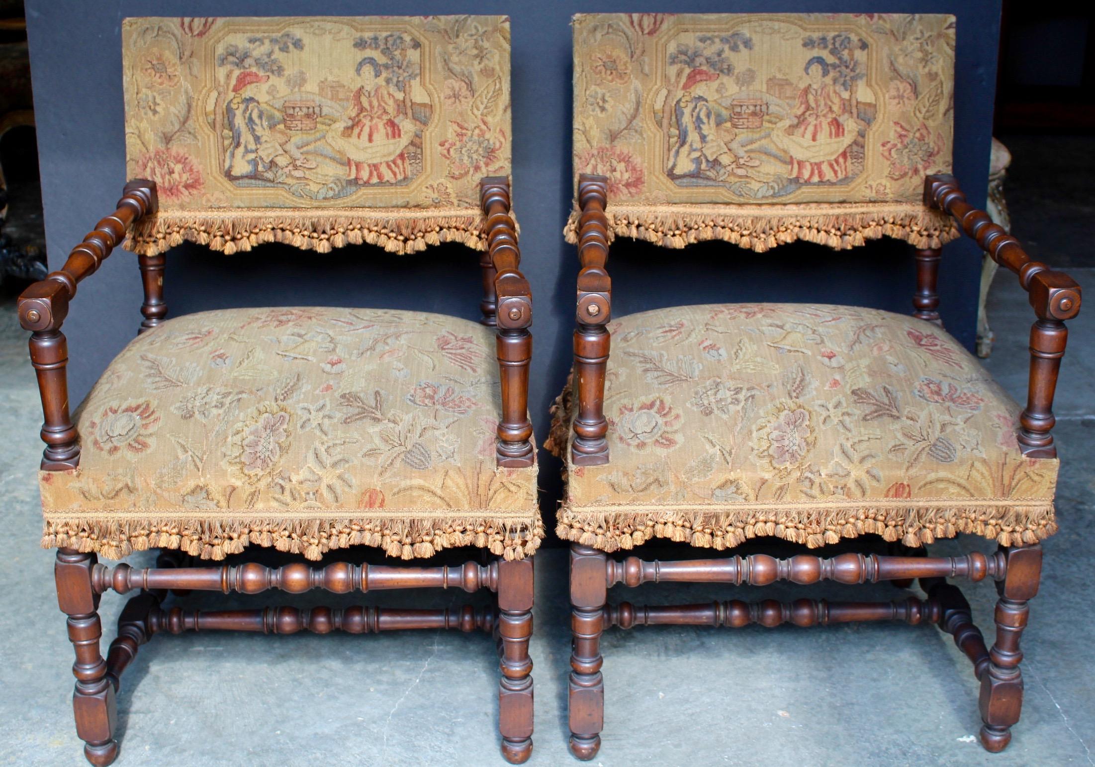 Very attractive and comfortable chair a Bras (i.e. Chair with arms) from the 18th century. Made in Louis XIII style. Very sturdy chairs with a frame in richly patinated walnut being turned out of square pieces of wood.
An H shaped stretcher