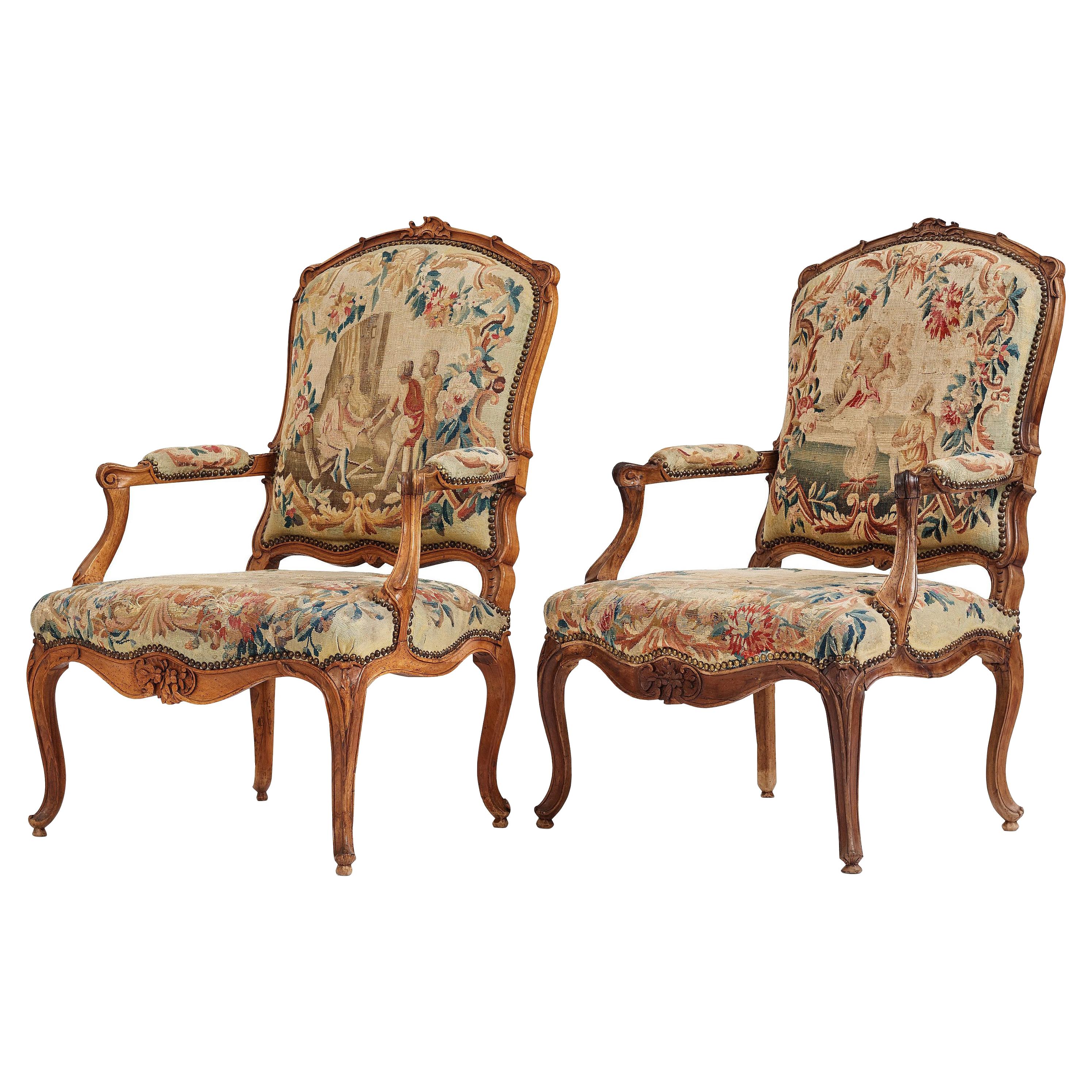 Pair of French 18th Century Louis XV Armchairs with Aubusson Tapestry