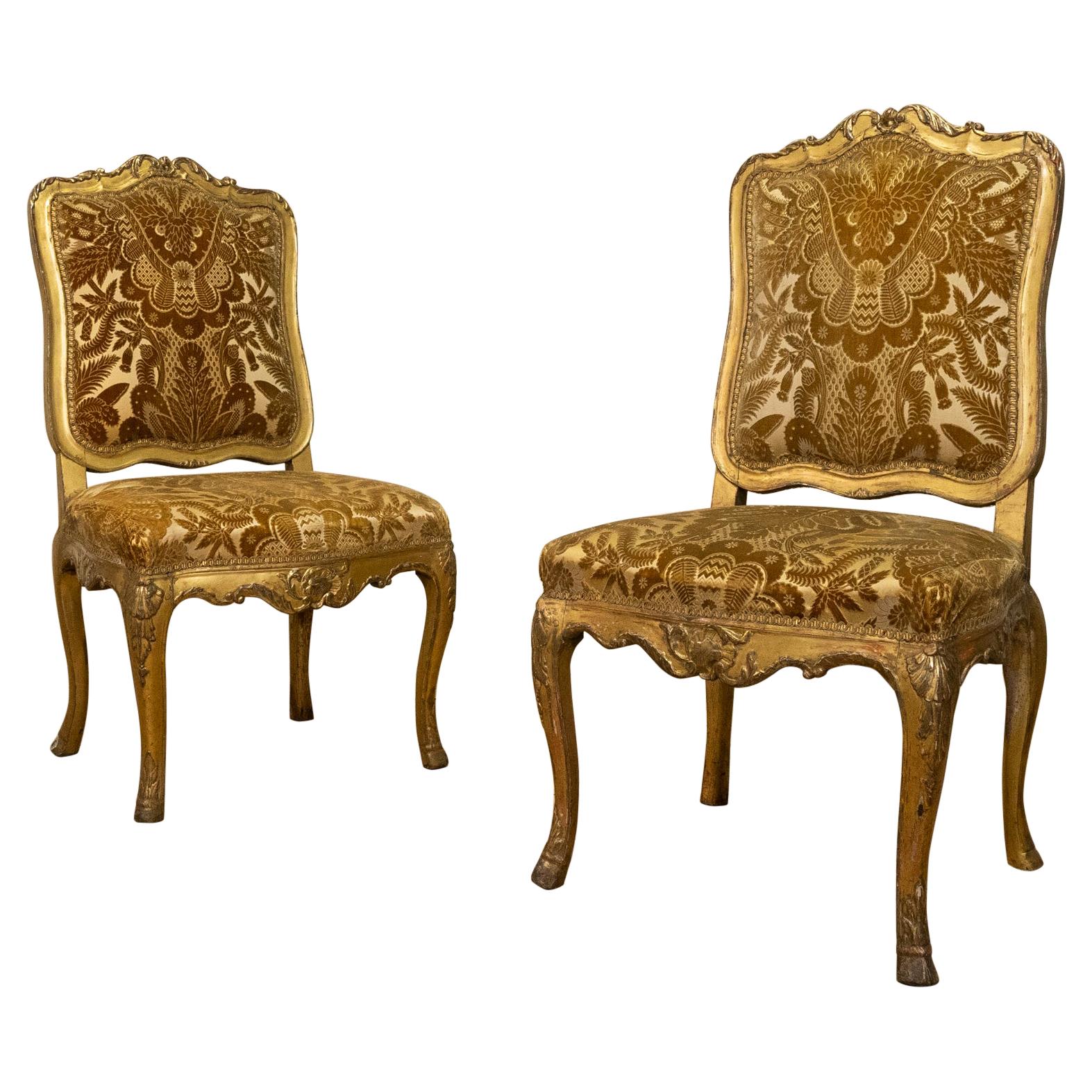 Pair of 18th Century French Louis XV Giltwood Side Chairs Upholstered - Gold 