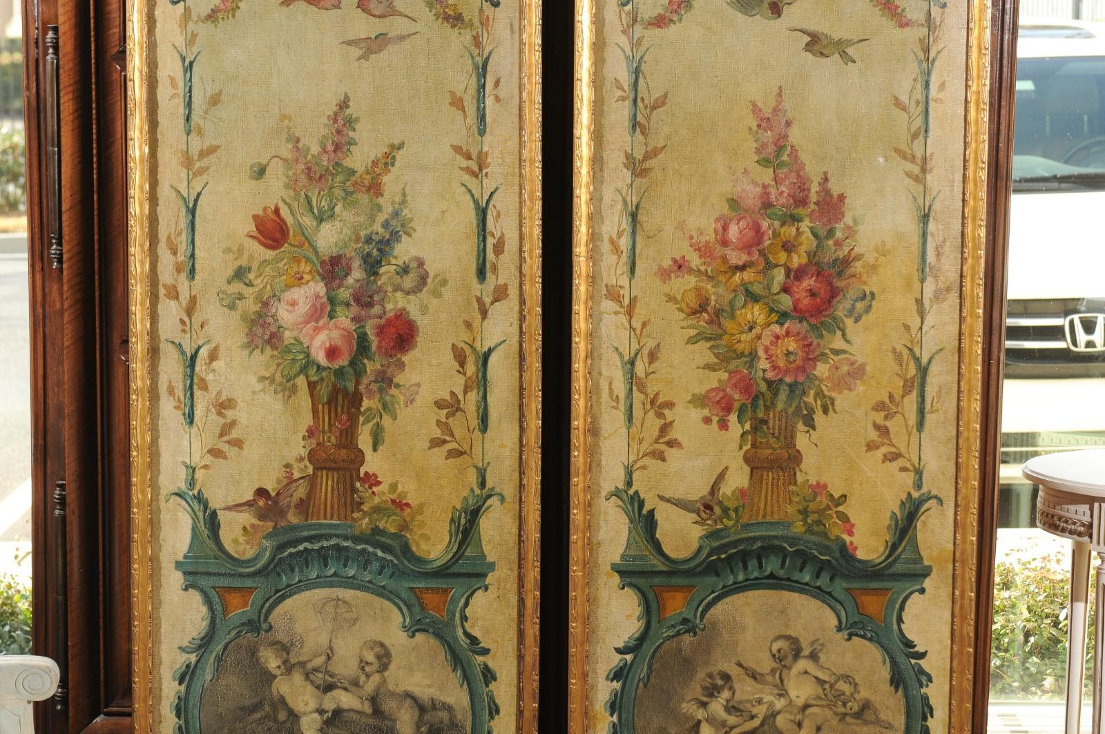 18th Century and Earlier Pair of French 18th Century Louis XV Painted Panels with Floral and Angel Motifs