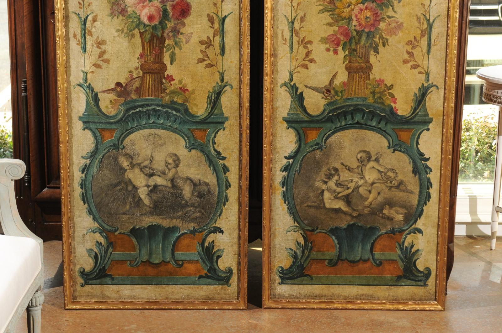 Wood Pair of French 18th Century Louis XV Painted Panels with Floral and Angel Motifs