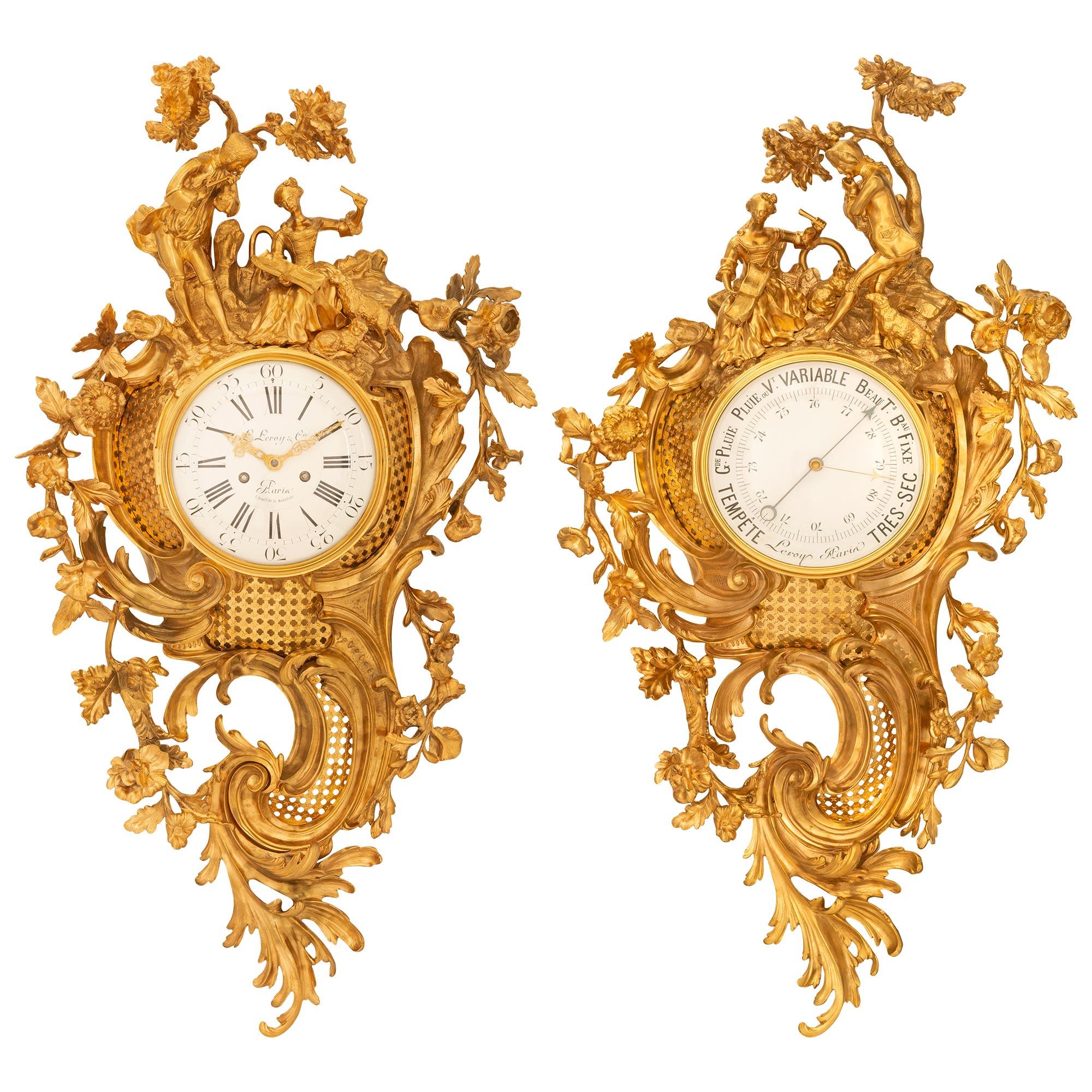 Paire d'horloges et de baromètres à cartel d'époque Louis XV du XVIIIe siècle en vente 2