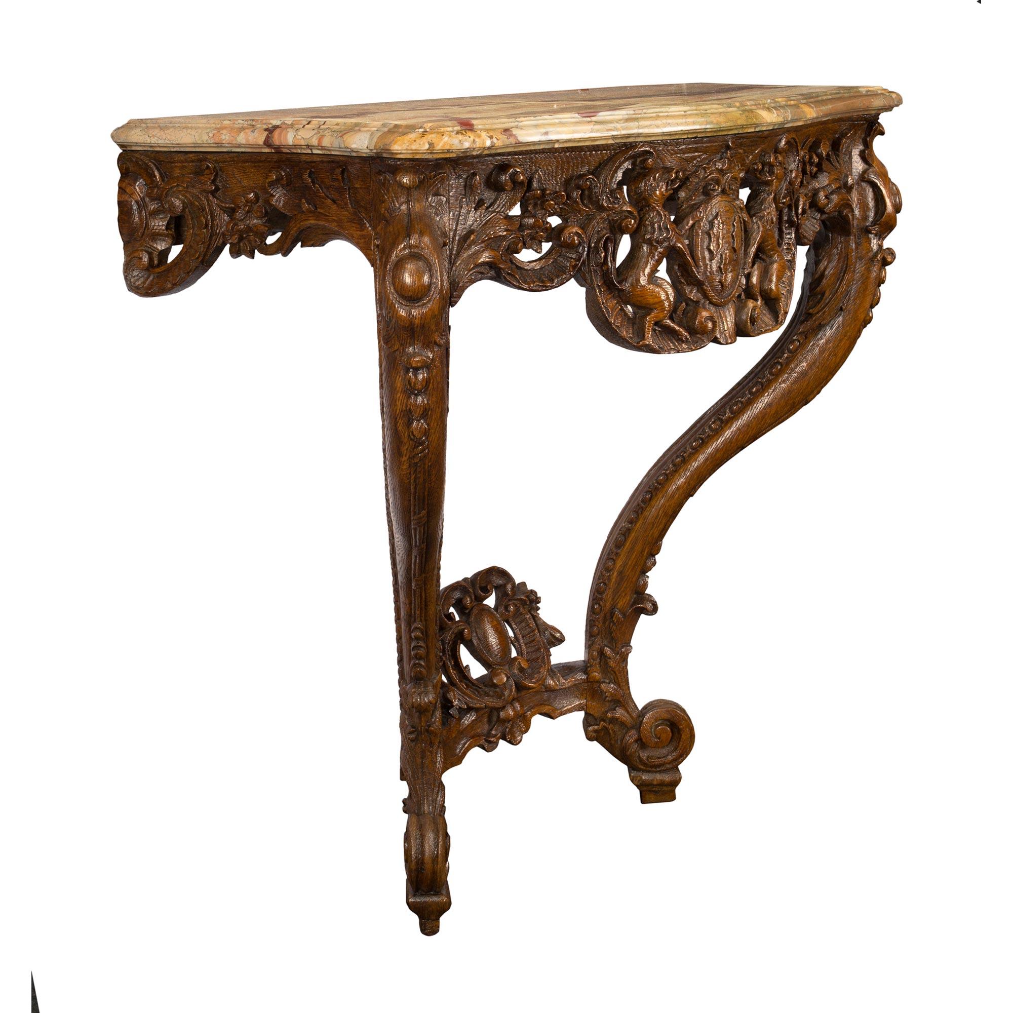 Pair of French 18th Century Louis XV Period Oak and Marble Consoles In Good Condition For Sale In West Palm Beach, FL