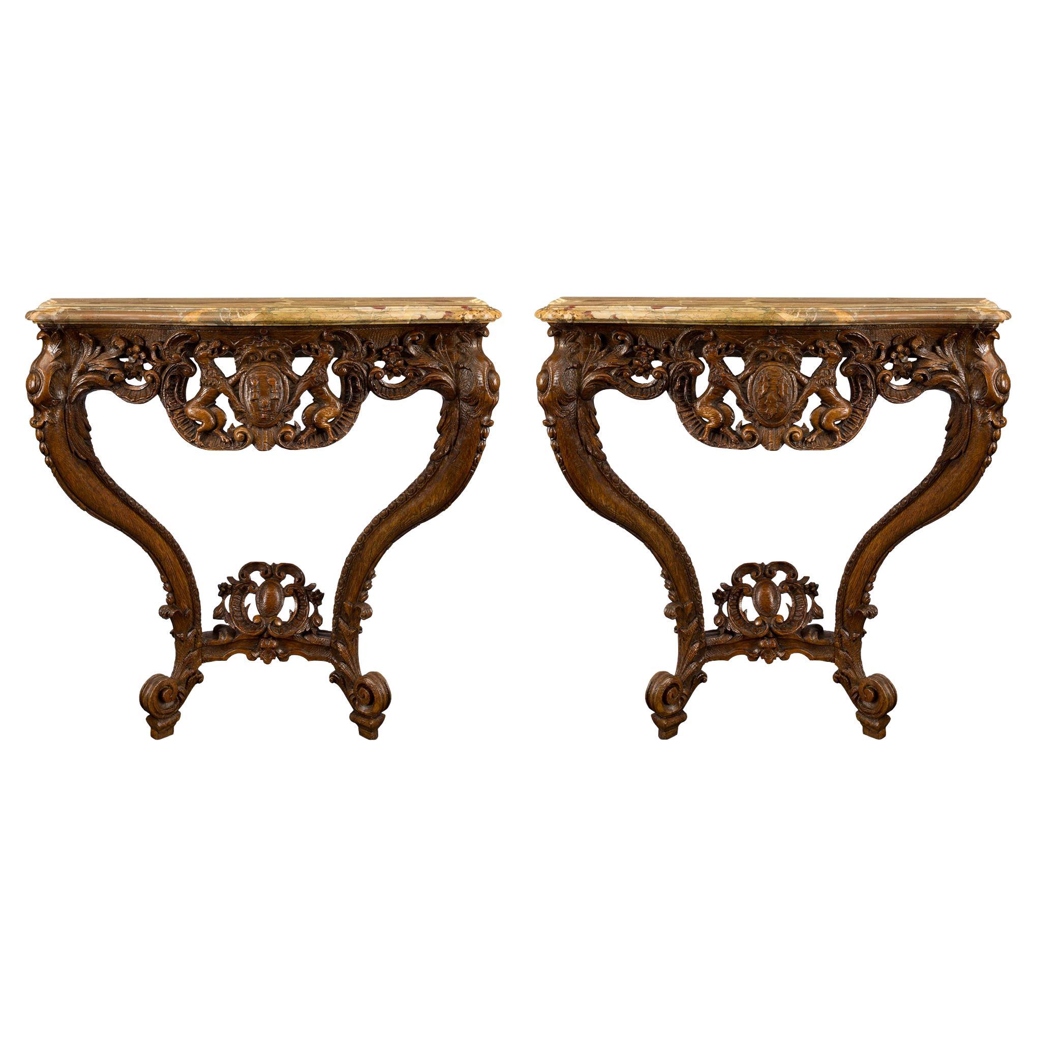 Pair of French 18th Century Louis XV Period Oak and Marble Consoles