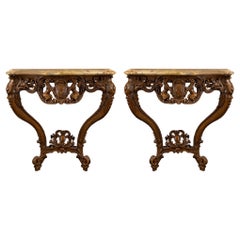 Pair of French 18th Century Louis XV Period Oak and Marble Consoles
