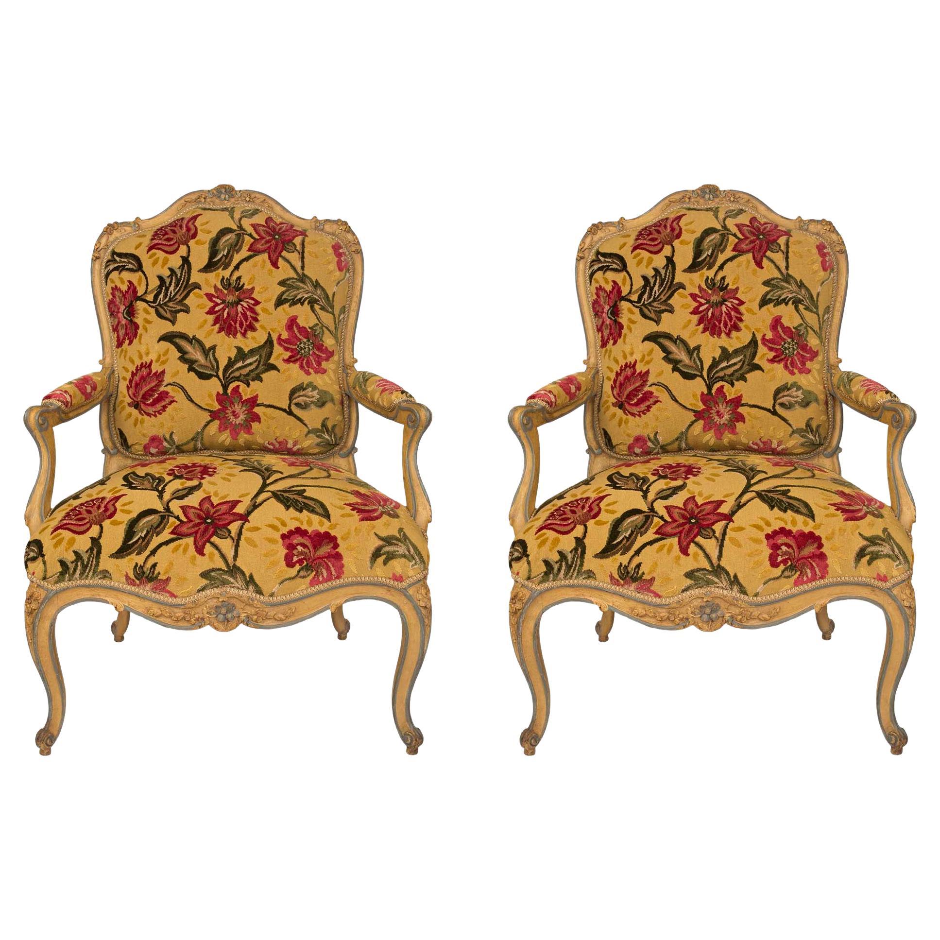 Pair of French 18th Century Louis XV Period Patinated Armchairs For Sale