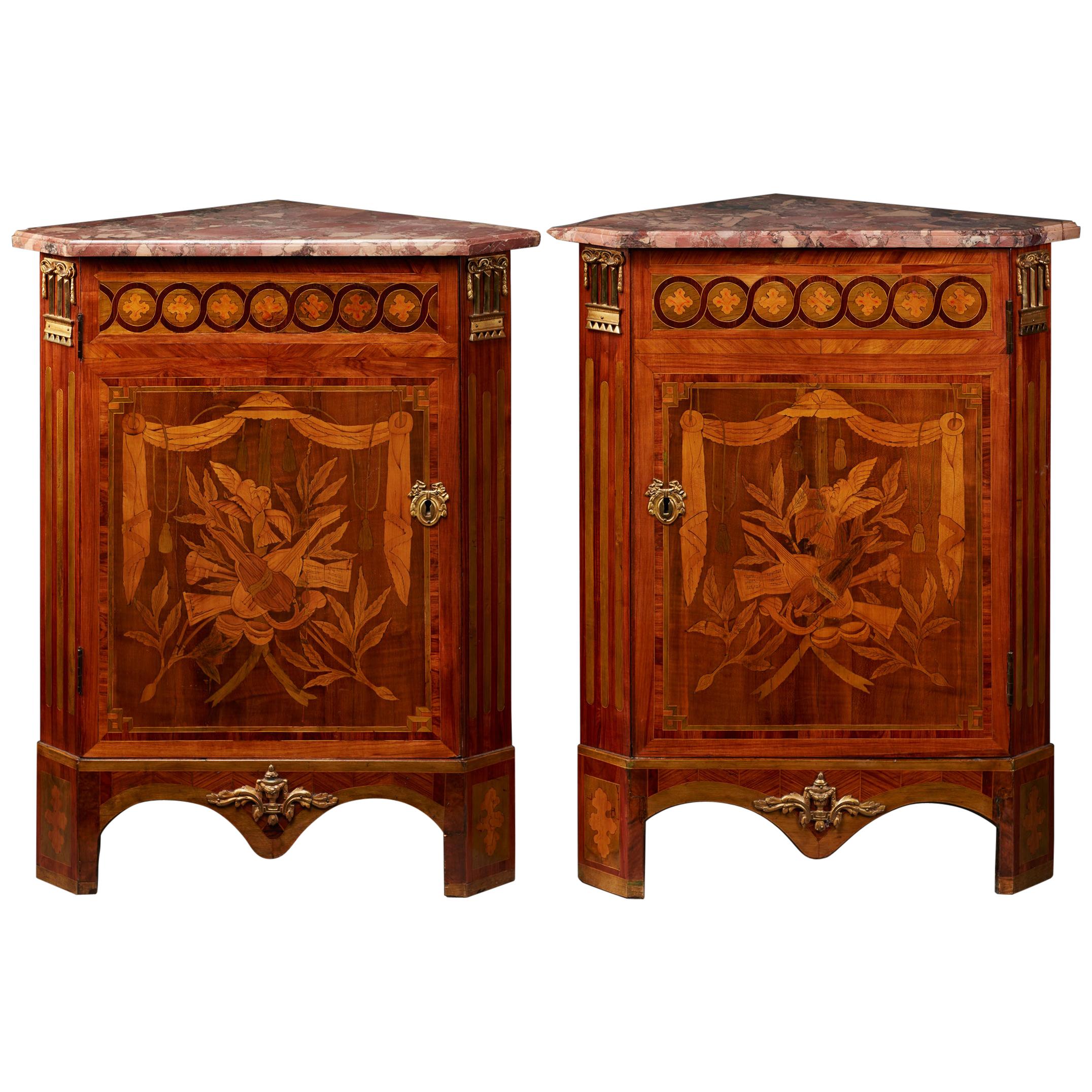 Pair of French 18th Century Louis XVI Corner Cabinets with Flower Marquetry