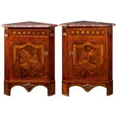 Antique Pair of French 18th Century Louis XVI Corner Cabinets with Flower Marquetry