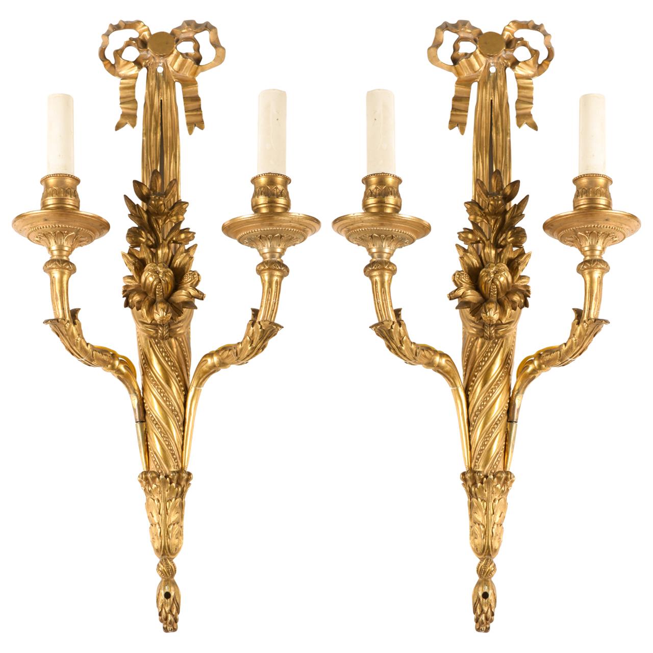 Pair of French, 18th Century Louis XVI Ormolu Two-Arm Sconces, 1780 In Excellent Condition For Sale In Rome, IT