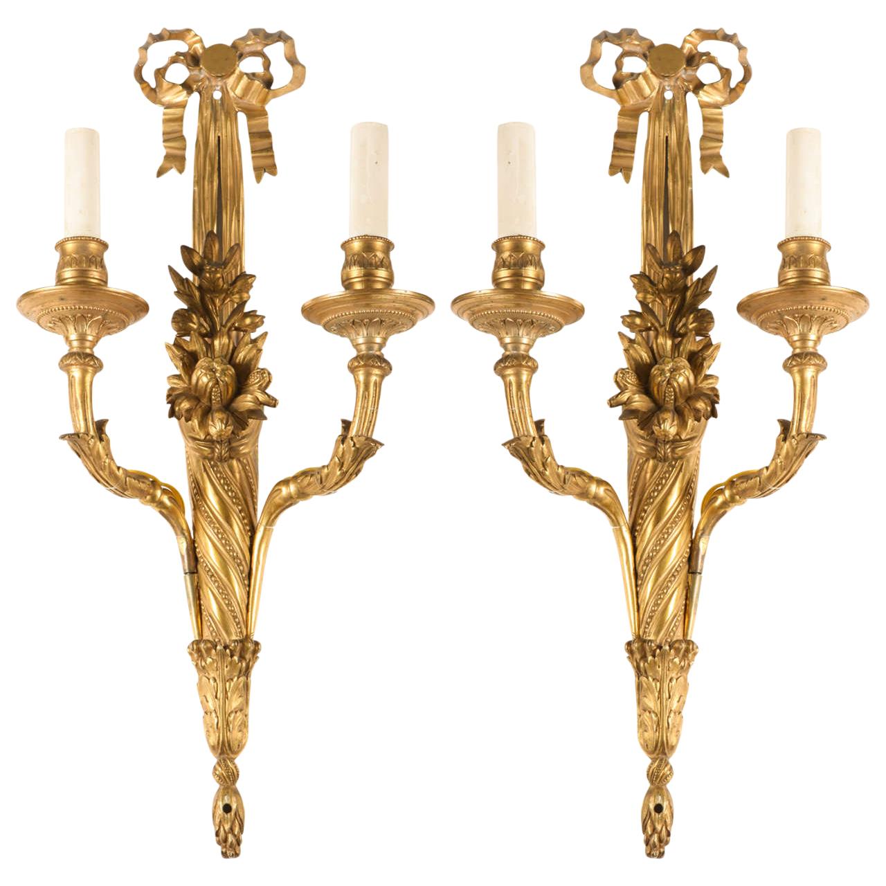 Pair of French, 18th Century Louis XVI Ormolu Two-Arm Sconces, 1780 For Sale