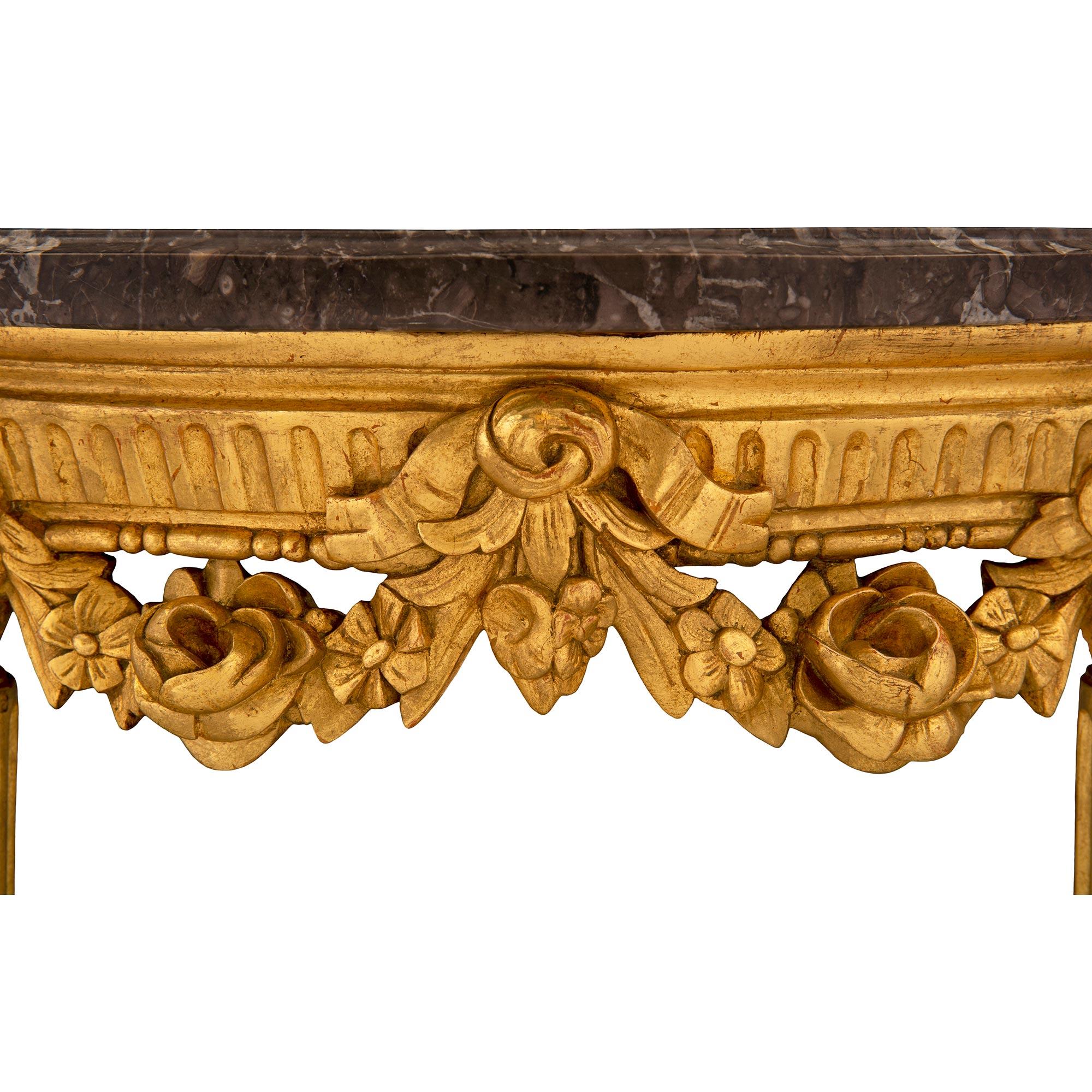 Pair of French 18th Century Louis XVI Period Giltwood and Marble Consoles For Sale 1
