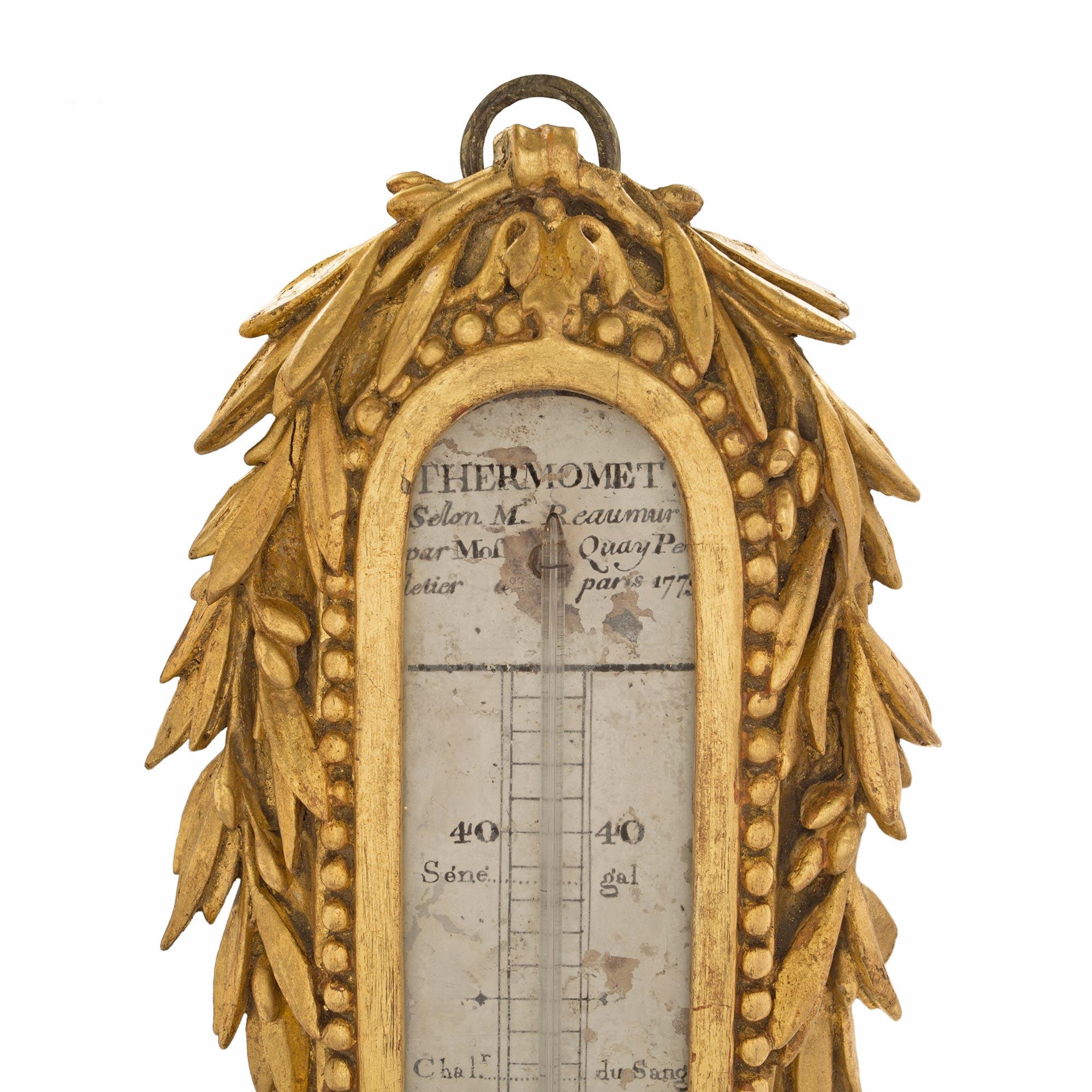 Pair of French 18th Century Louis XVI Period Giltwood Thermometers and Barometer In Good Condition In West Palm Beach, FL