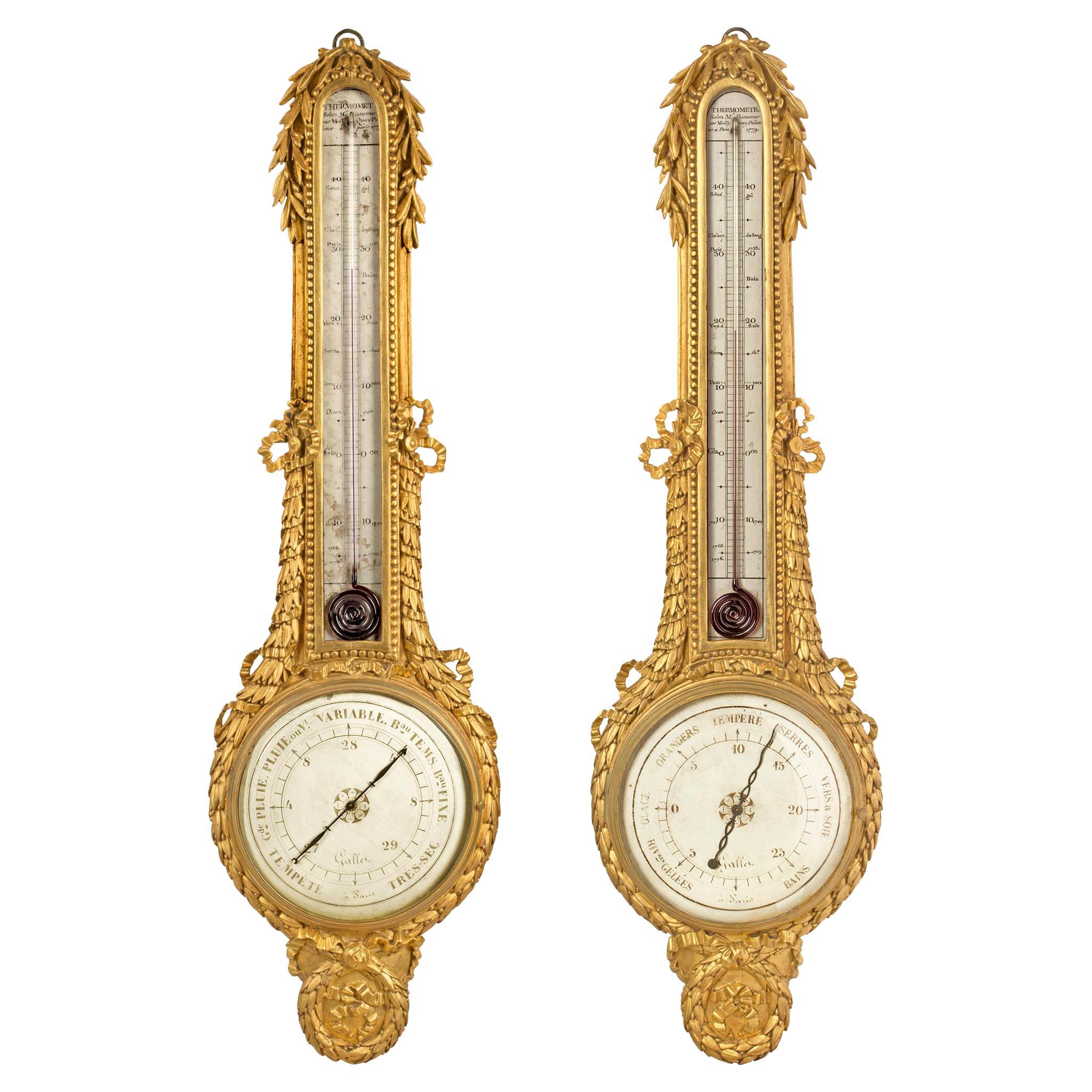 Pair of French 18th Century Louis XVI Period Giltwood Thermometers and Barometer