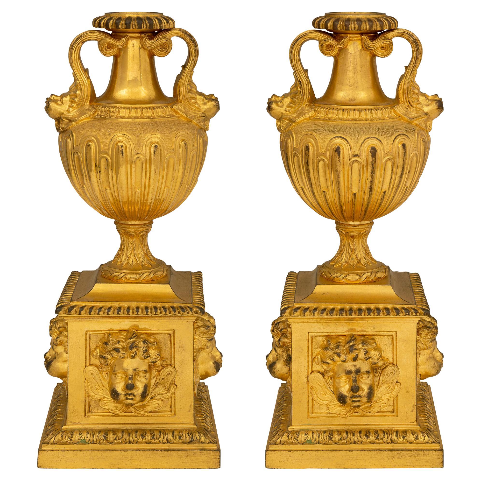 Pair of French 18th Century Louis XVI Period Ormolu Fireplace Chenets/Andirons