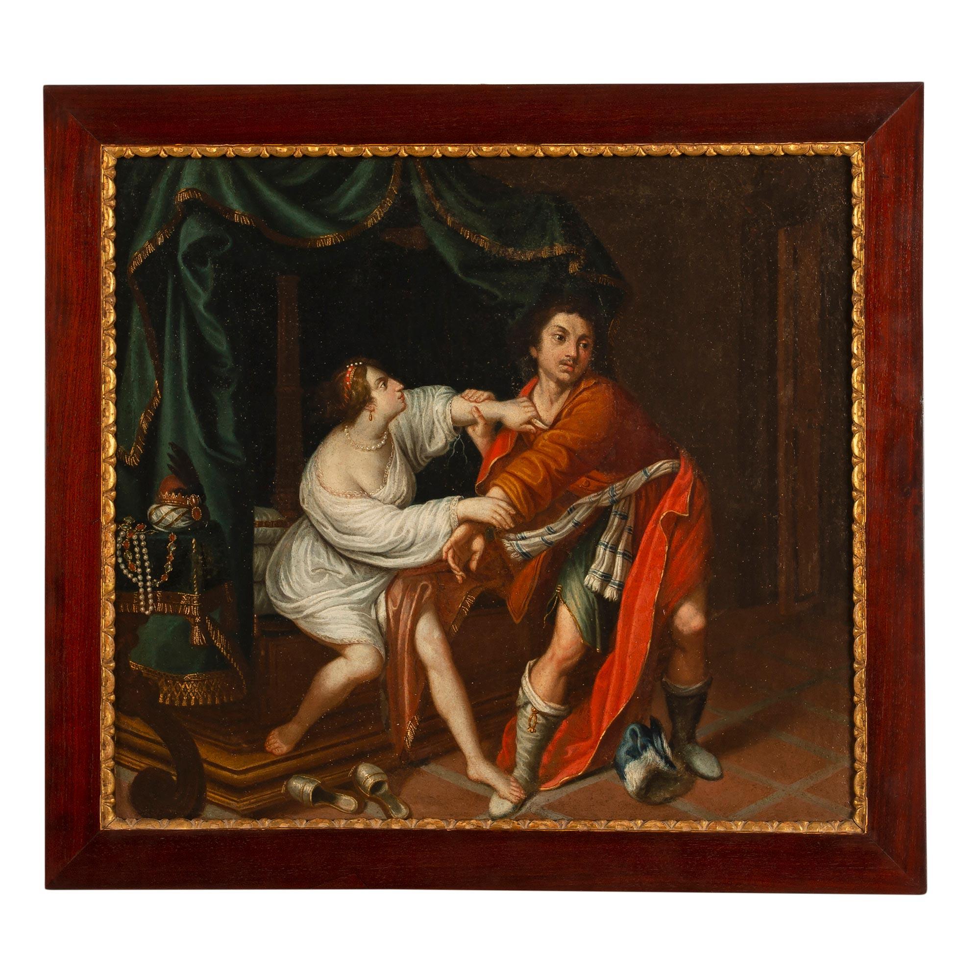 A striking pair of French 18th century oil on canvas in mahogany and giltwood frames. Each painting retains its original beautiful mahogany frame with a finely carved charming foliate giltwood band. The paintings display striking vivid colors and