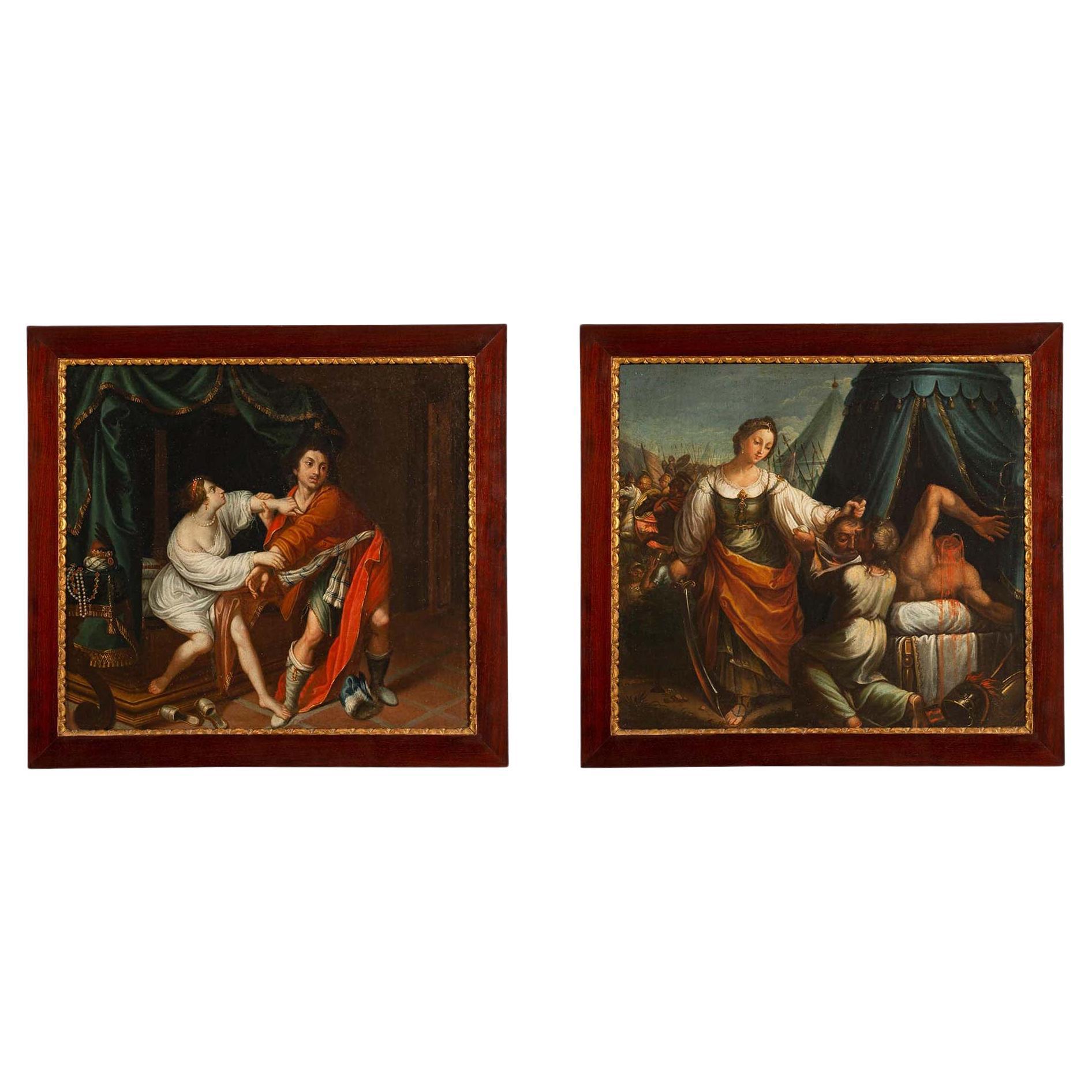 Pair of French 18th Century Oil on Canvas in Mahogany and Giltwood Frames For Sale