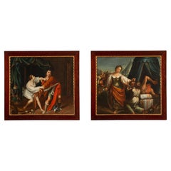 Pair of French 18th Century Oil on Canvas in Mahogany and Giltwood Frames