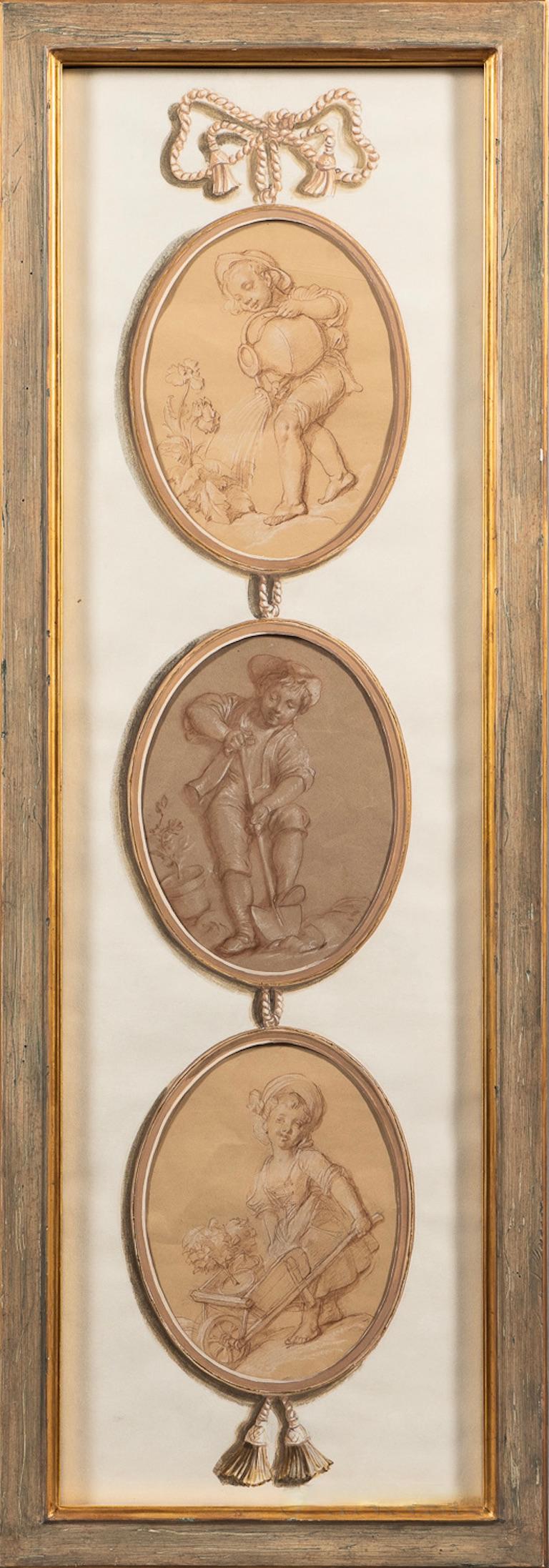 Pair of French School drawings in 18th century style. Hand drawn in Old Master Technique. Boucher School style

Pair of Trompe l'Oeil Three-drop Panels 
Unsigned. 
Red and white chalk on paper presented in gouache and watercolor embellished mats