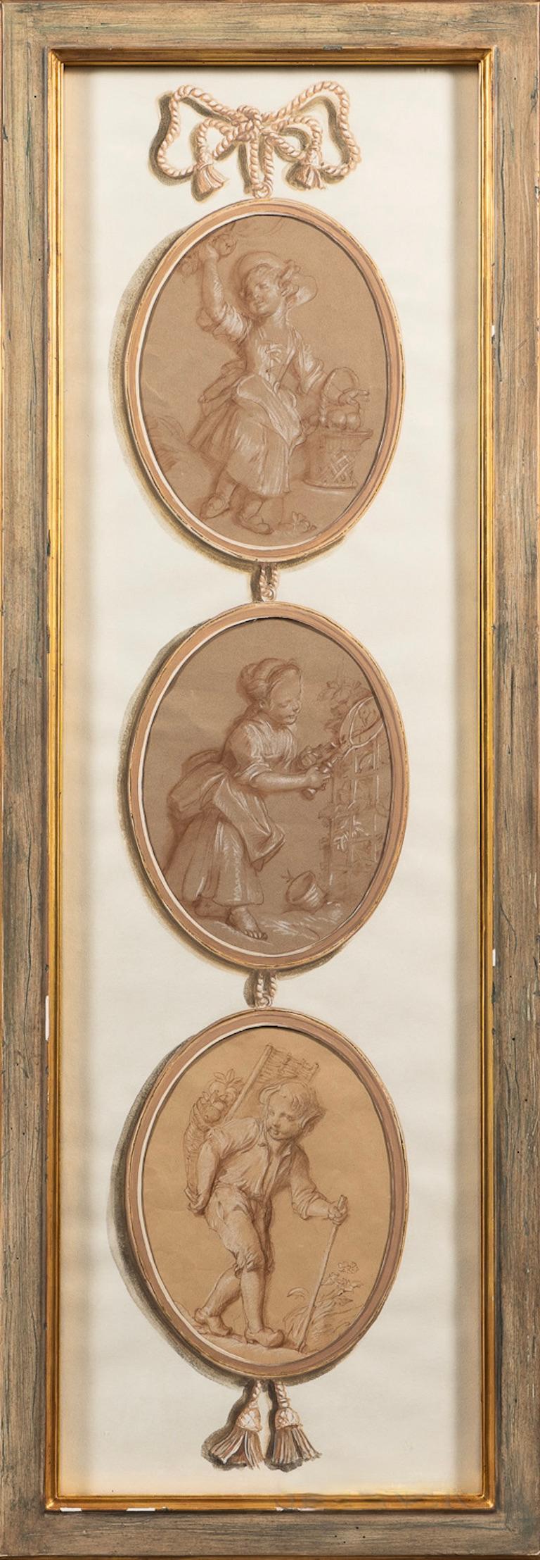 Louis XV Paire de dessins en trompe-l'œil de style maître ancien français du XVIIIe siècle en vente