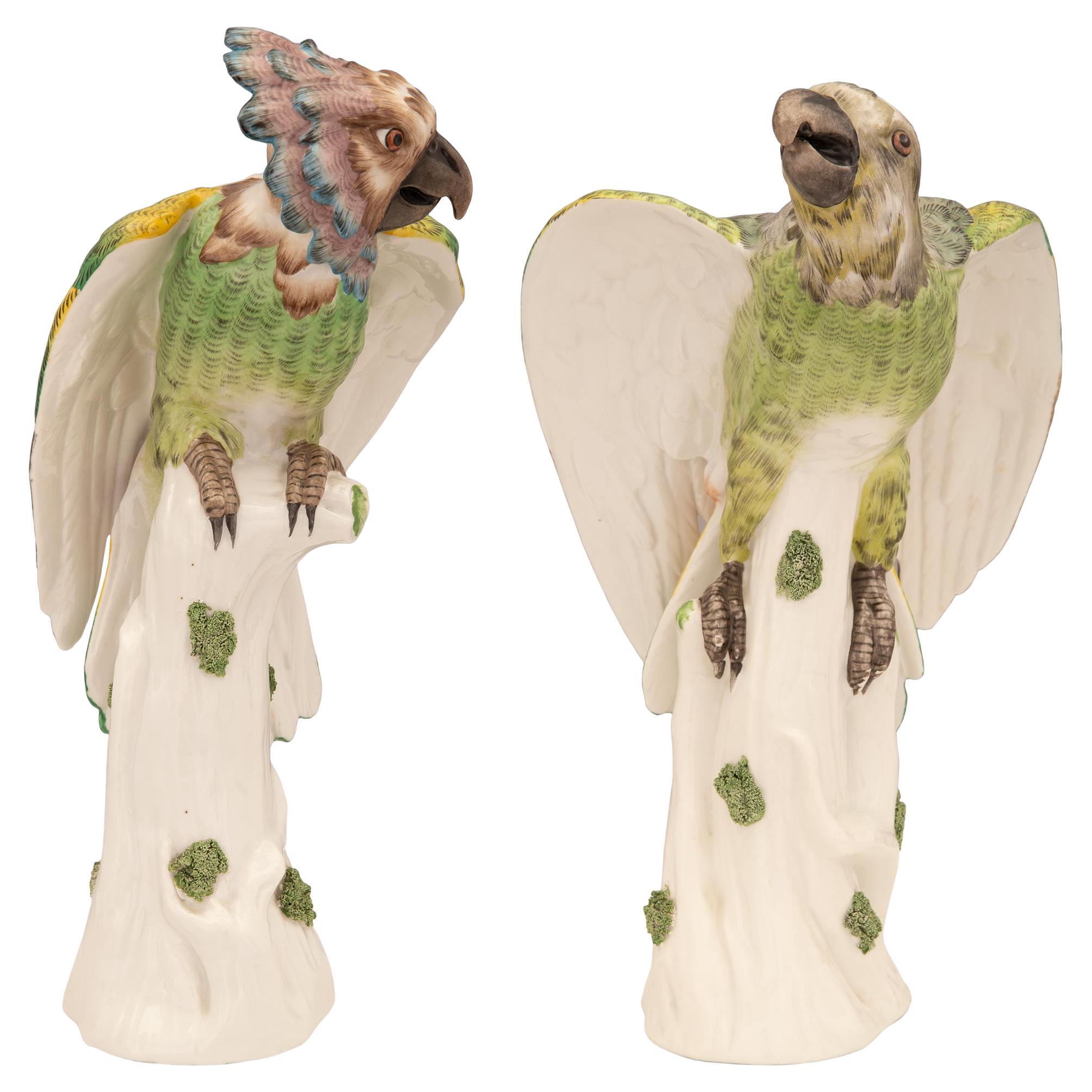 Pair of French 18th Century Porcelain Signed Statues of Hawk-Headed Parrots For Sale
